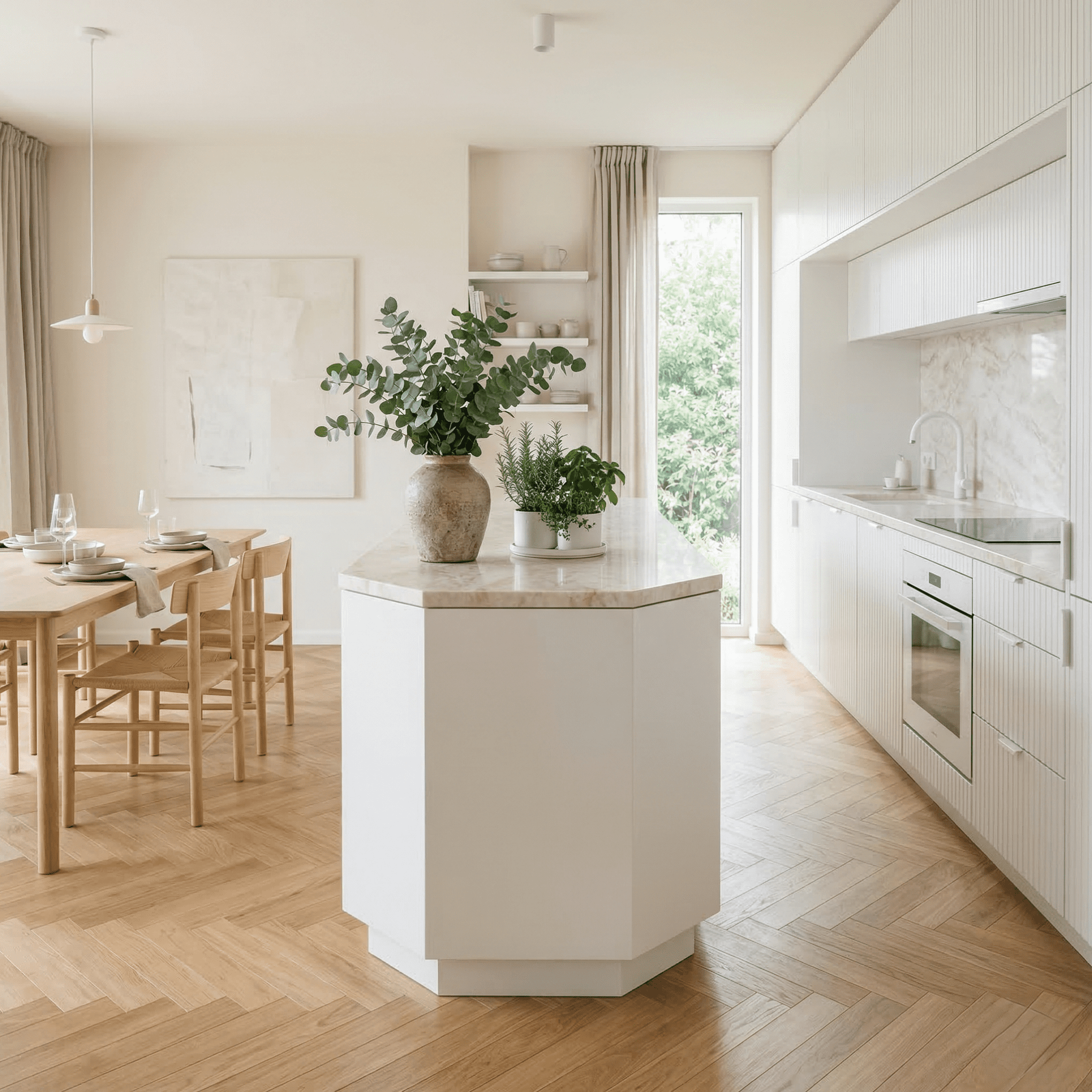 Bright Japandi-inspired minimalist kitchen showcasing a unique geometric stone island, white fluted cabinetry, and warm herringbone wood floors. Organic modern bespoke millwork in North Vancouver, BC.