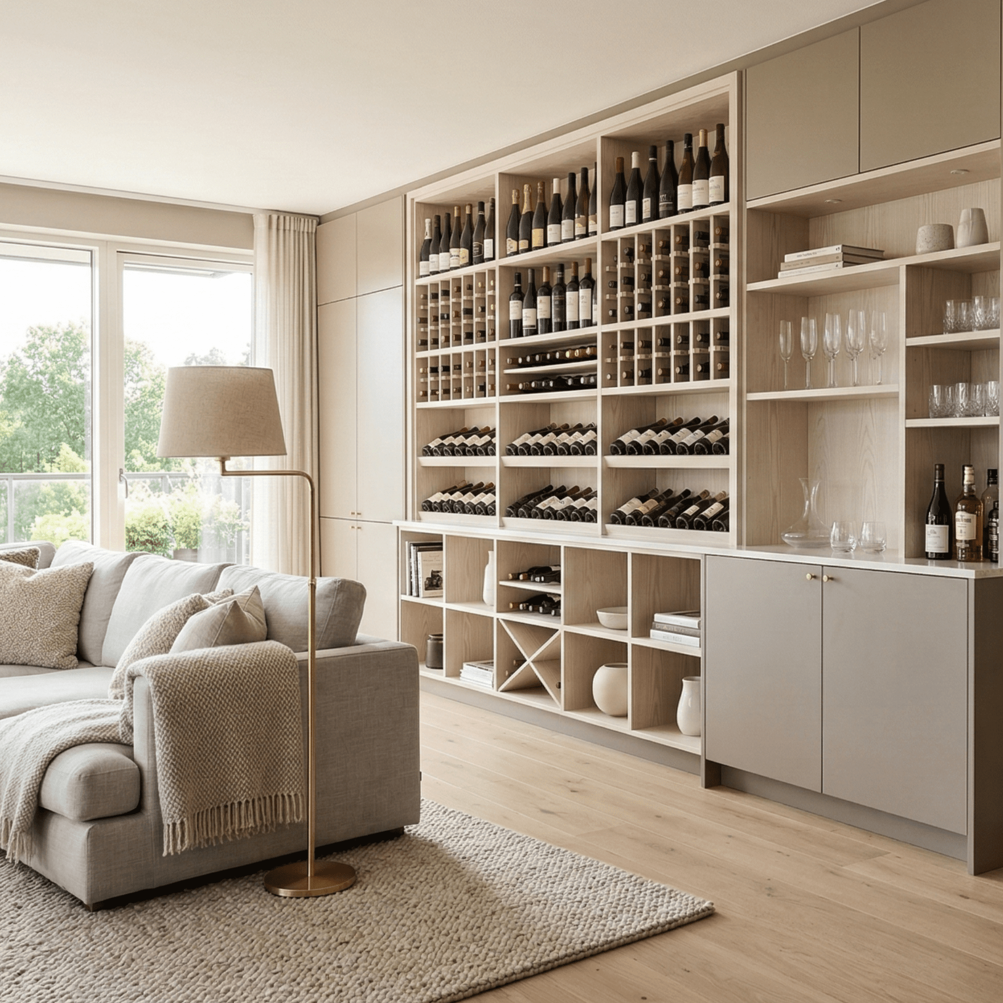 Bright transitional living space featuring a custom light oak entertainment wall with a built-in beverage center and extensive open lattice wine shelving. Bespoke residential millwork in Victoria, BC.