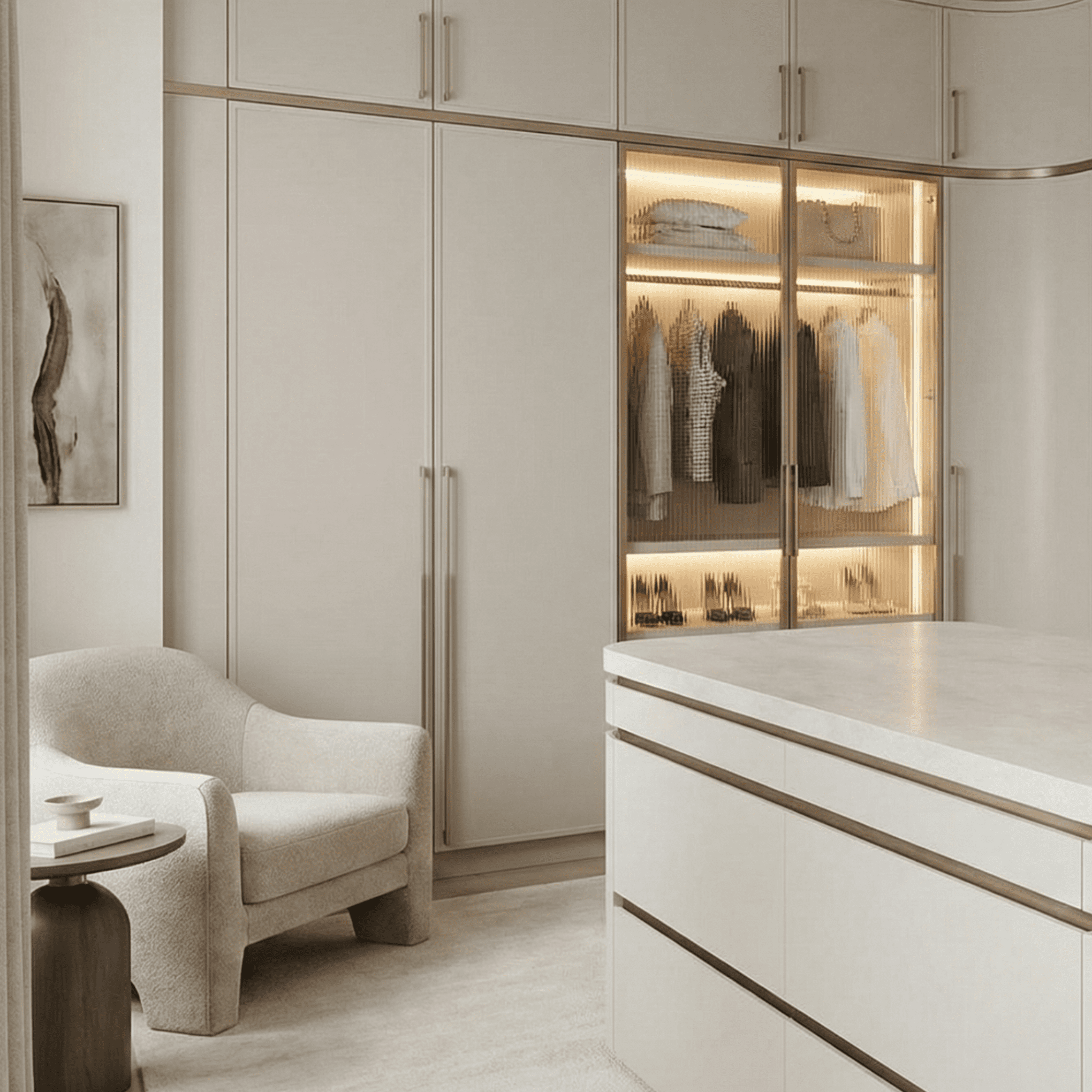 Boutique-style couture closet featuring soft-toned millwork, integrated fluted glass wardrobes, and a seamless minimalist aesthetic. Bespoke storage solutions for luxury homes in North Vancouver, BC.