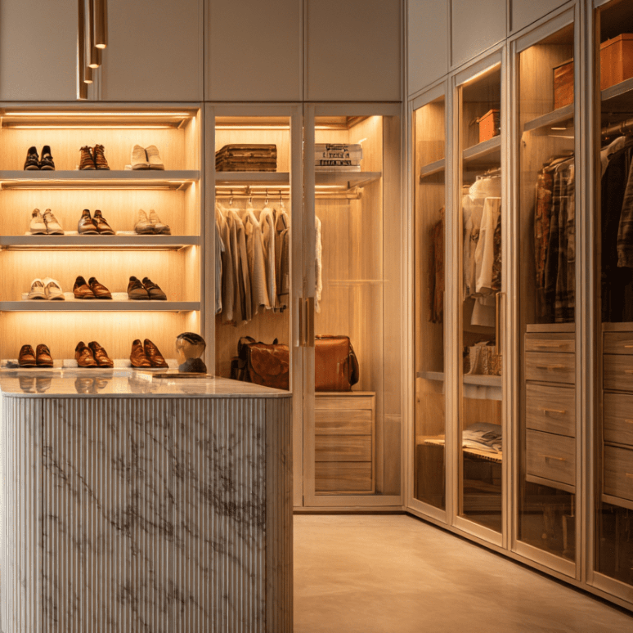 Sophisticated couture walk-in closet showcasing integrated LED shelving, premium glass wardrobe doors, and a central stone island. Bespoke storage solutions for modern luxury homes in Vancouver, BC.