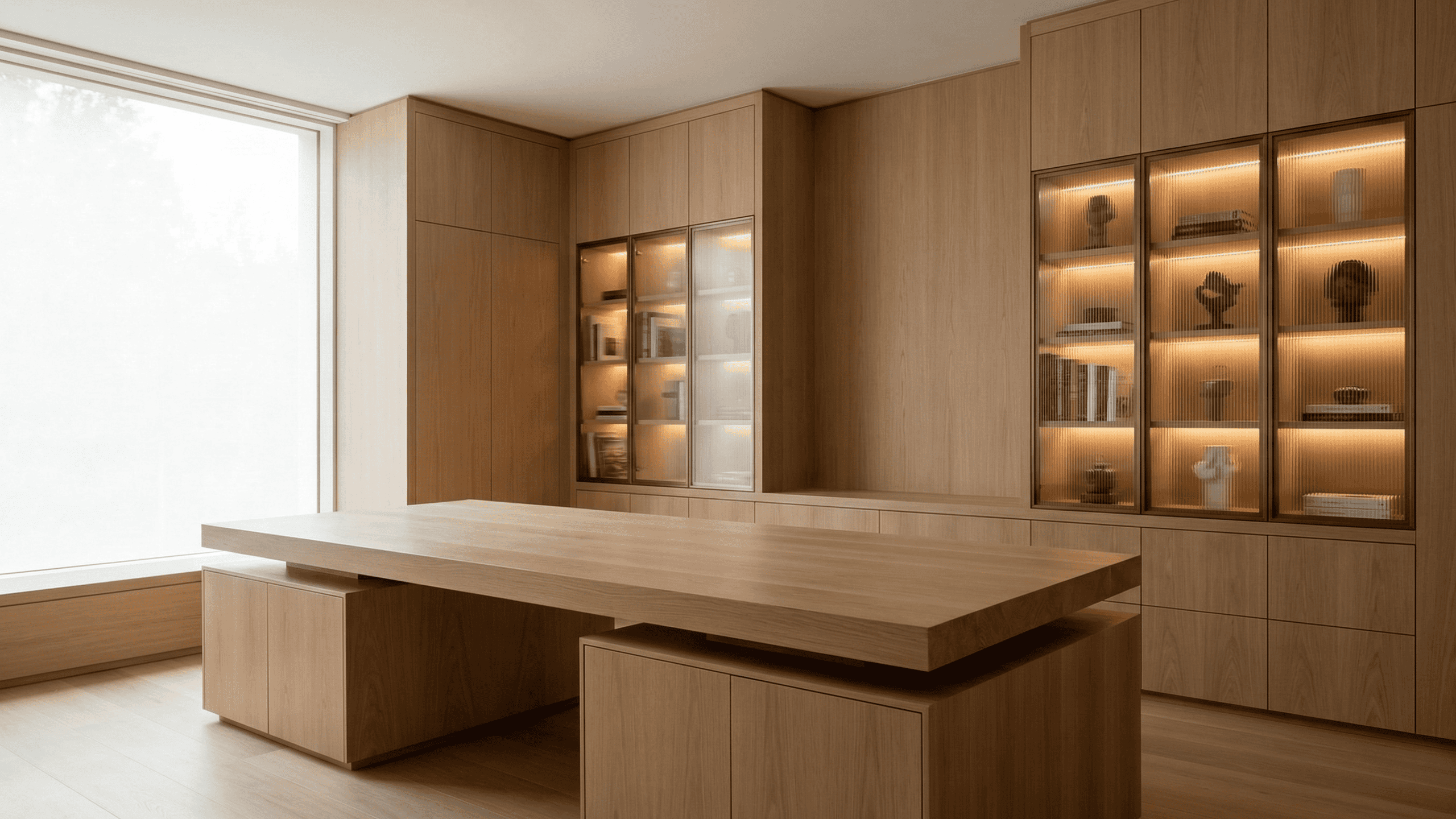 Sophisticated executive home office design featuring a layered custom wood desk and warm LED-lit fluted glass wall cabinets. Bespoke luxury workspace interiors in West Vancouver.