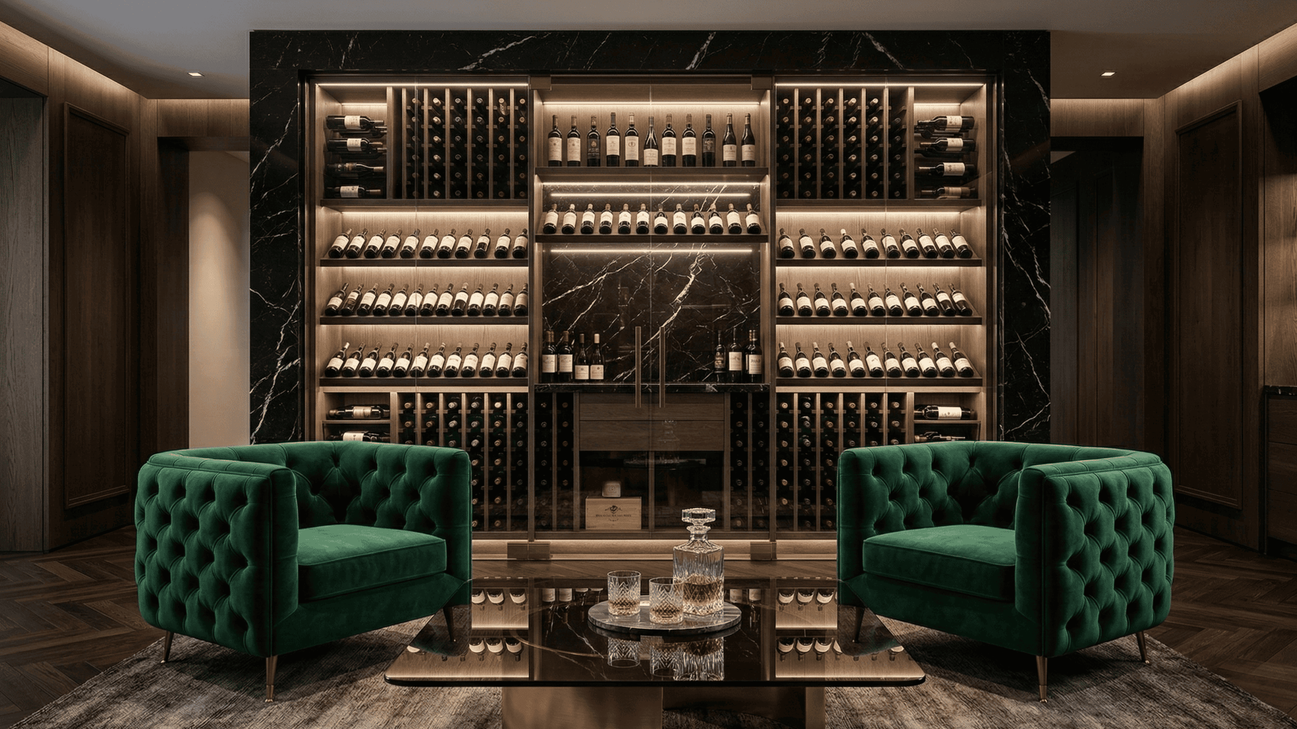 High-end custom wine cellar and tasting room featuring black marble backsplashes, dark wood shelving, and climate-controlled glass enclosures. Premium luxury millwork in Richmond, BC.
