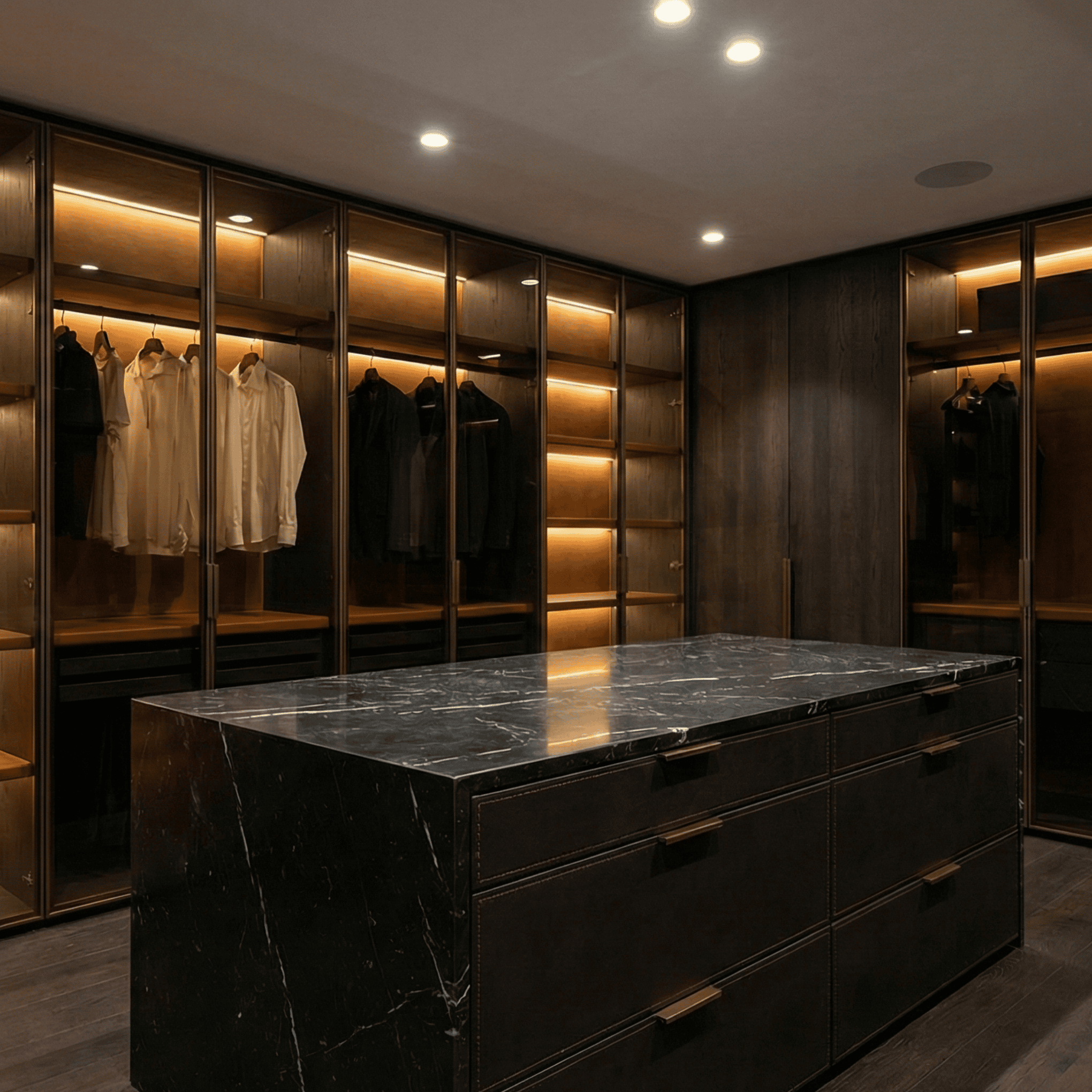 Sophisticated gentleman's luxury walk-in closet featuring dark wood cabinetry, warm LED-lit glass displays, and a striking black marble island. Premium boutique wardrobe design for Vancouver penthouses.