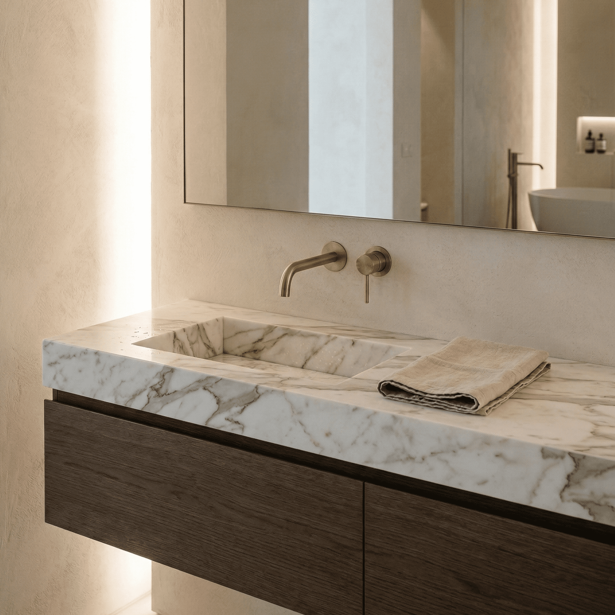 Architectural luxury powder room featuring a dark wood floating vanity supporting a thick-edge integrated marble sink. Precision millwork designed for wall-mounted fixtures in Port Moody luxury estates.