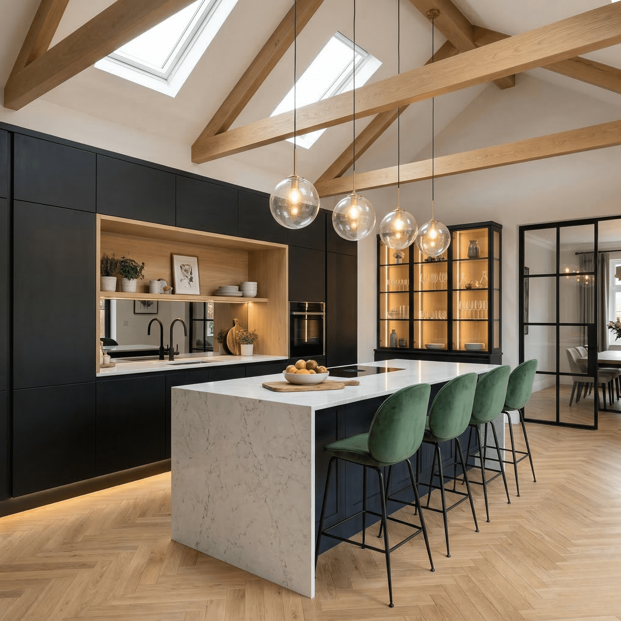 Striking luxury entertainment kitchen featuring matte black architectural cabinetry, a warm oak prep niche, and a dramatic marble waterfall island. High-contrast bespoke interiors for West Vancouver villas.