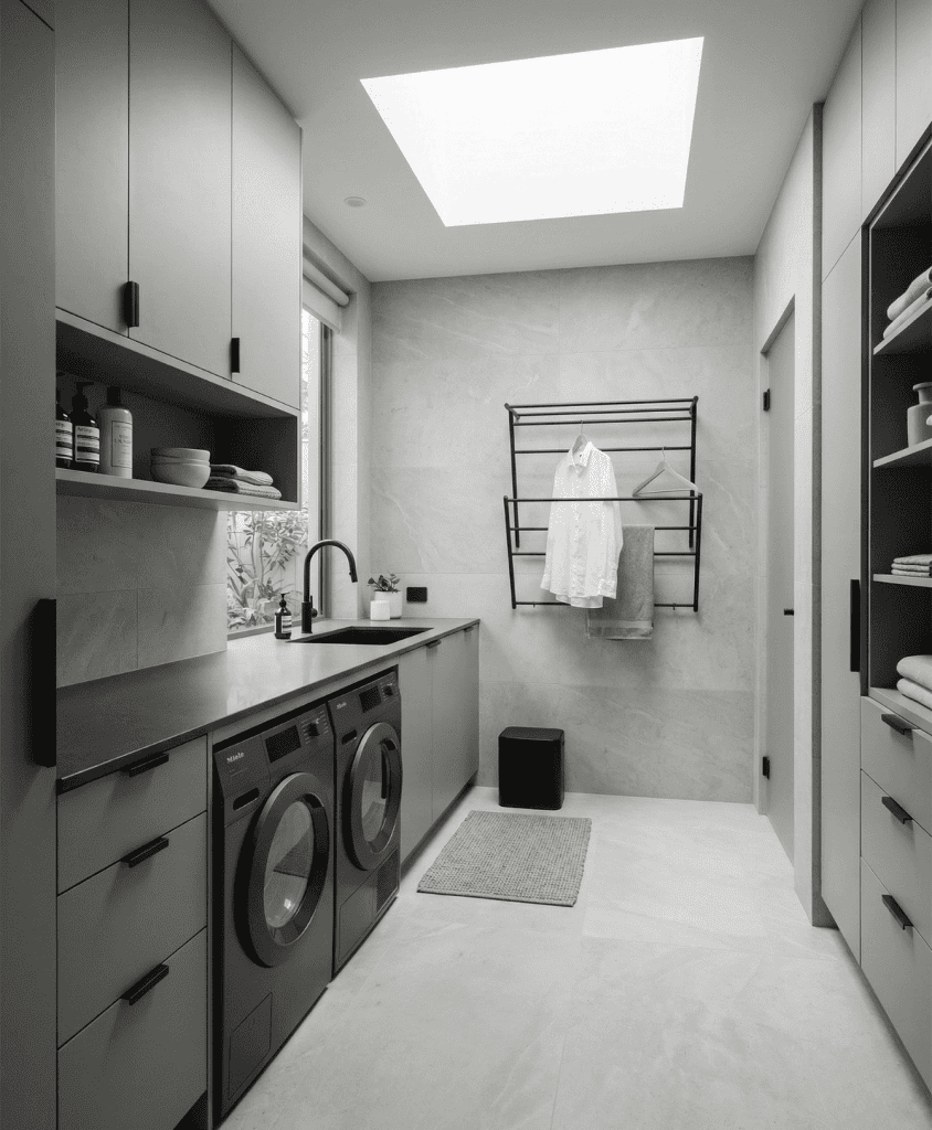 Ultra-modern gray laundry space showcasing matte flat-panel cabinetry, a built-in drying rack, and sleek black hardware. Architectural mudroom and utility storage in Burnaby, BC.