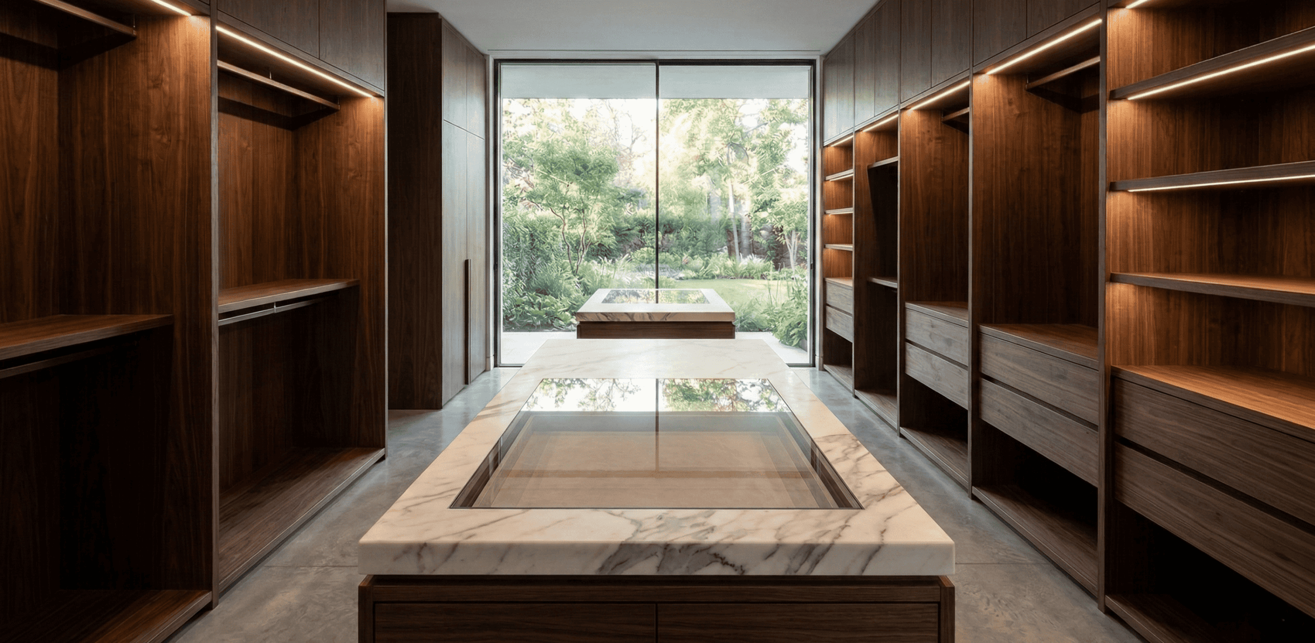 Ultra-modern luxury wardrobe design showcasing seamless dark wood grain, integrated LED shelving, and a marble glass-top island. Bespoke architectural interiors blending with nature in Victoria, BC.