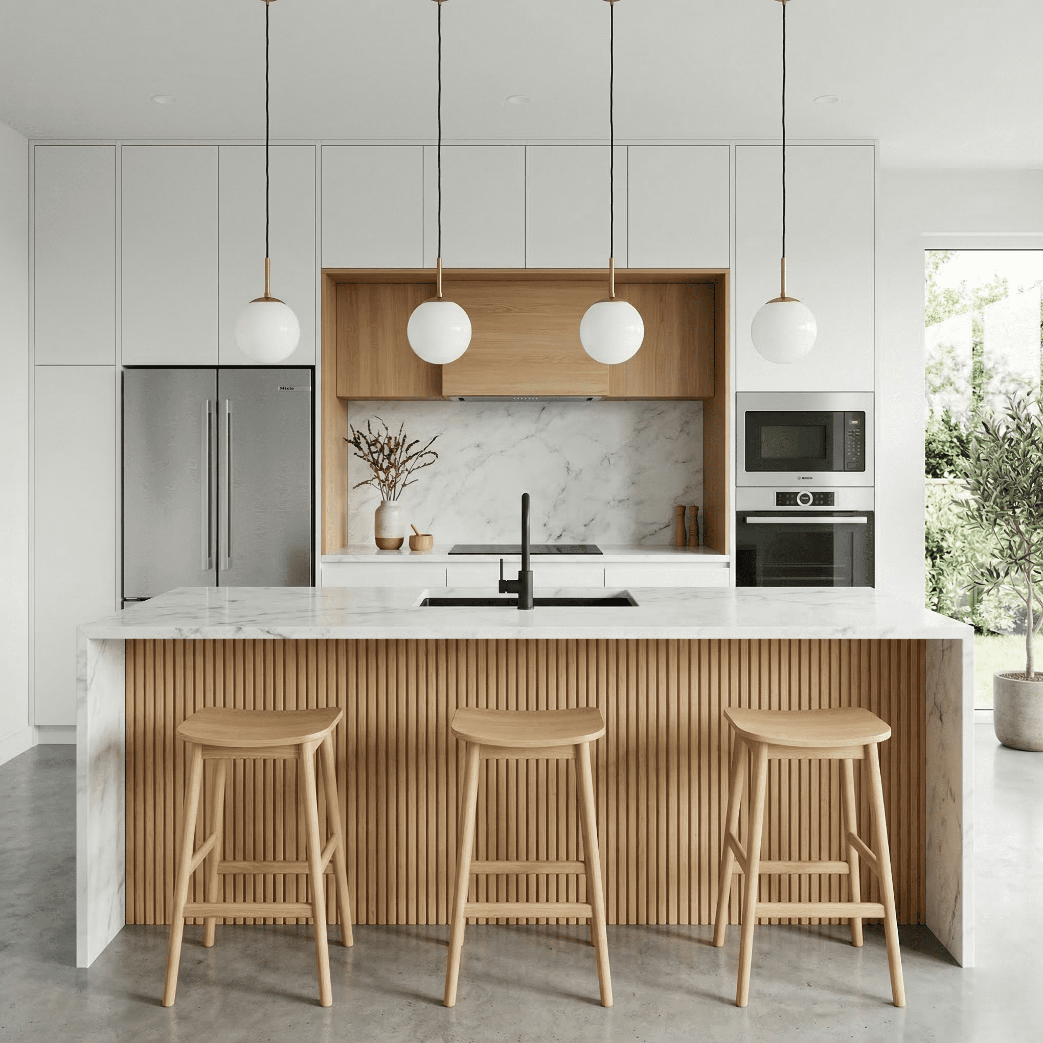 Bright modern minimalist kitchen featuring a custom fluted wood island, seamless white handleless cabinetry, and elegant marble accents. Bespoke aesthetic millwork designed for luxury penthouses in Vancouver.