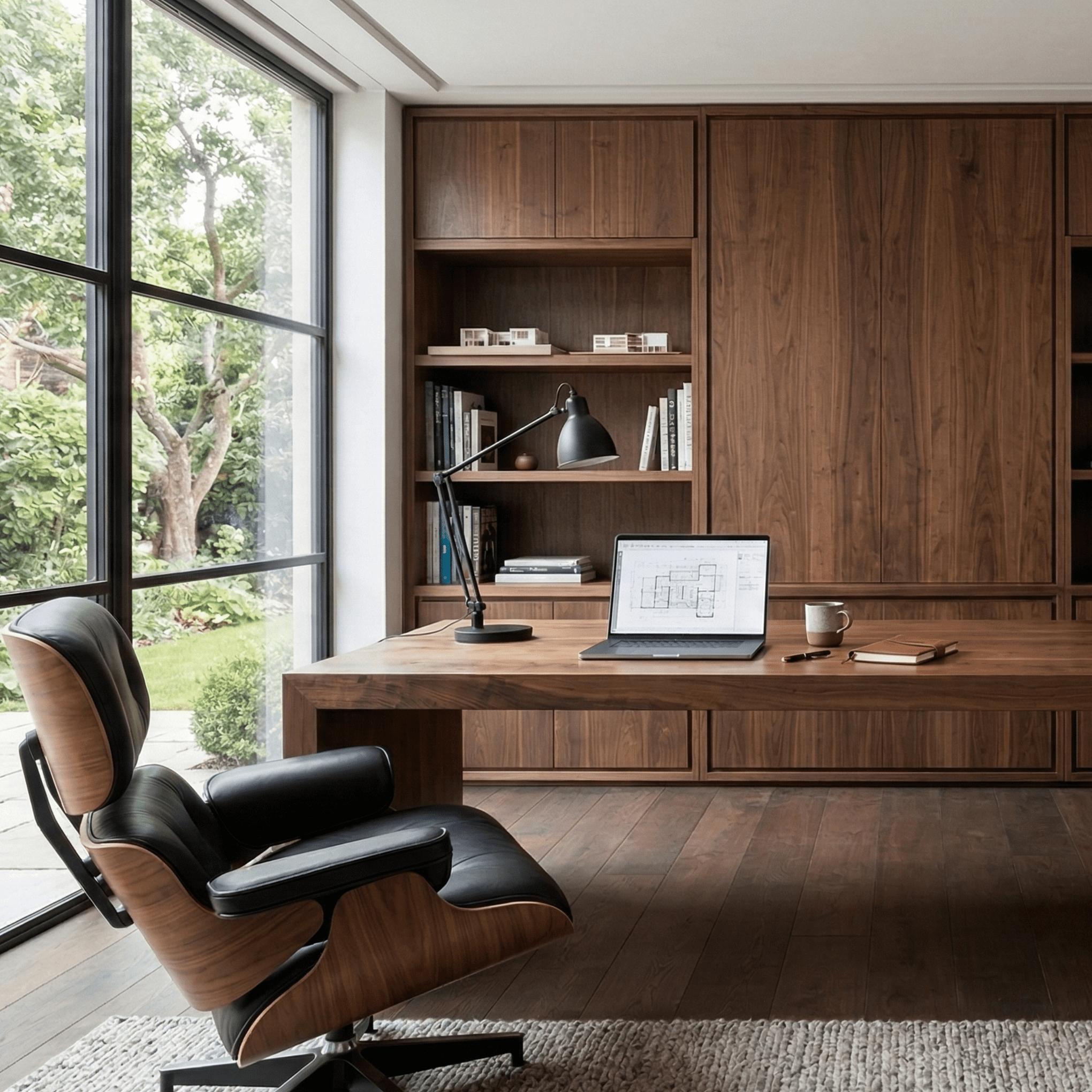 Modern professional home office designed with integrated natural wood desk and seamless wall cabinetry. Ergonomic, clean, and customized workspace for high-performance individuals in Richmond, BC.