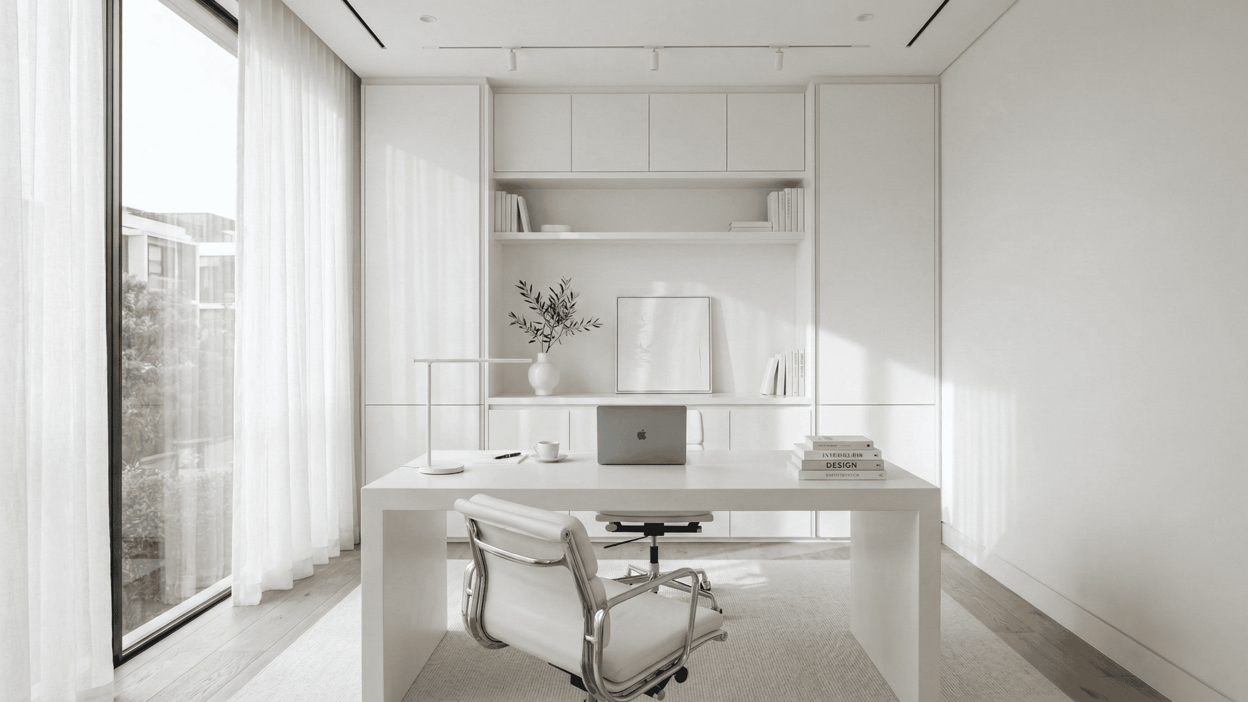Ultra-minimalist all-white home office showcasing seamless built-in shelving and handleless cabinetry. Clean architectural workspace design for modern luxury homes in Victoria, BC.