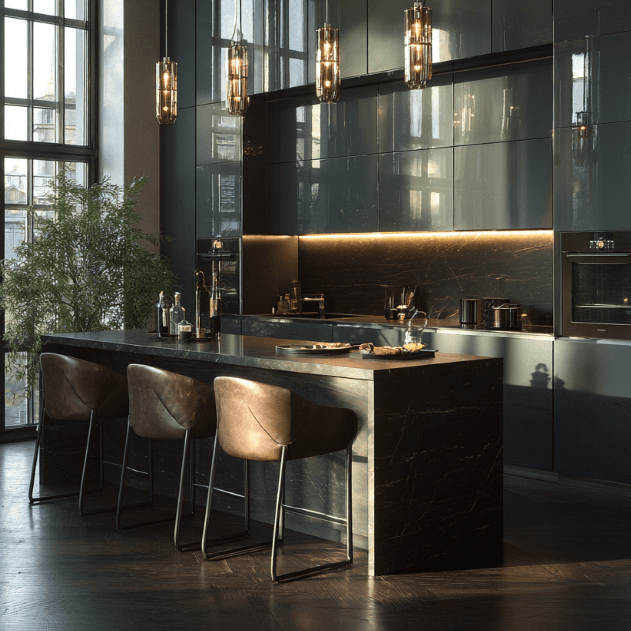 Ultra-luxury moody contemporary kitchen showcasing high-gloss flat-panel cabinetry, integrated LED task lighting, and a dramatic dark stone waterfall island. Bespoke modern interiors for Coal Harbour penthouses.