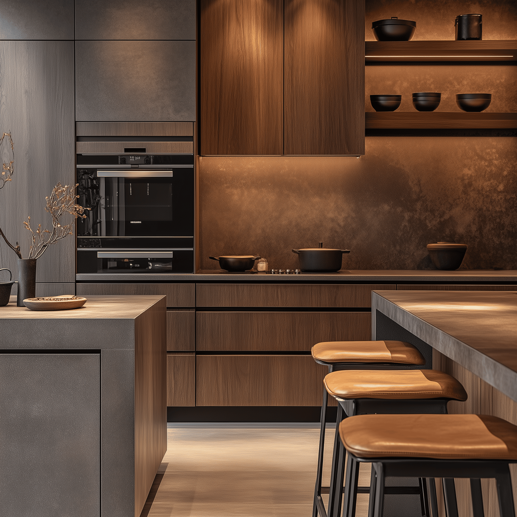High-end custom kitchen design scheme showcasing moody dark wood cabinetry, integrated luxury appliances, and a textured metallic backsplash. Bespoke architectural kitchen concepts for West Vancouver estates.