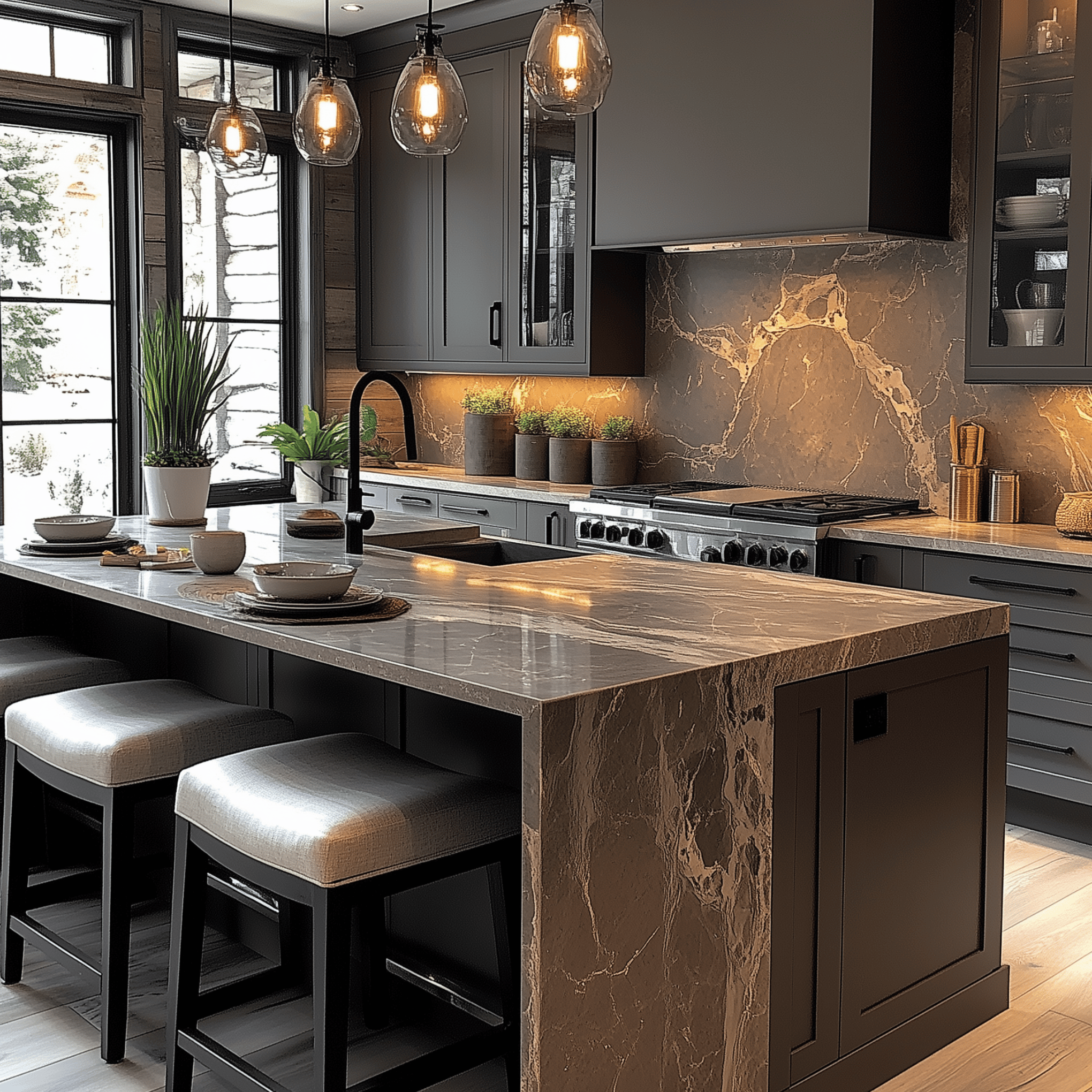 Luxury Mountain Modern kitchen featuring moody dark grey cabinetry, a thick-edge stone island, and integrated glass pendants. Architectural custom millwork designed for Whistler luxury chalets.