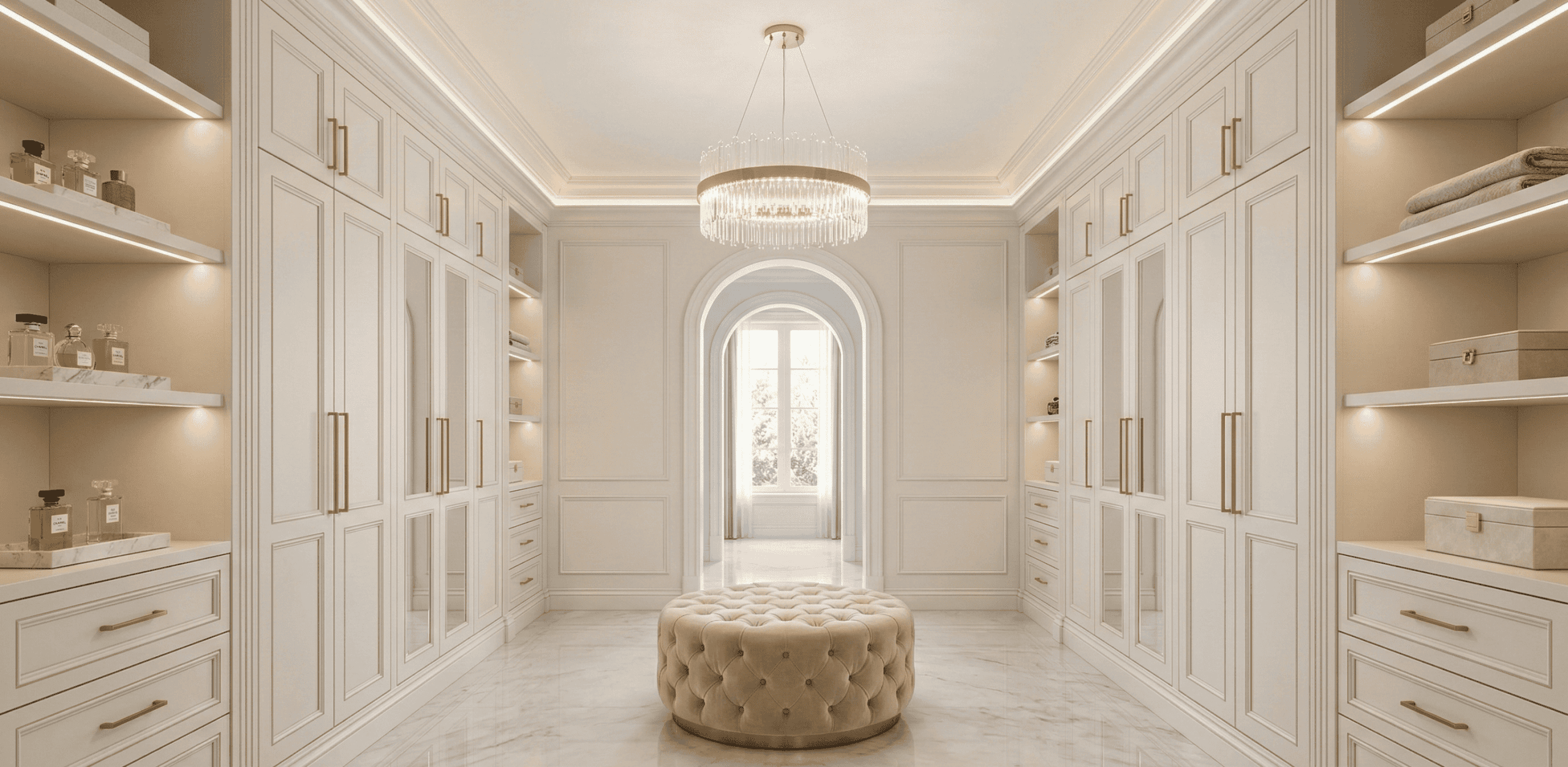 Elegant neoclassical luxury closet featuring glass-front armoires, warm integrated lighting, and refined molding details. Tailored high-end cabinetry for estate homes and luxury properties in Kelowna, BC.