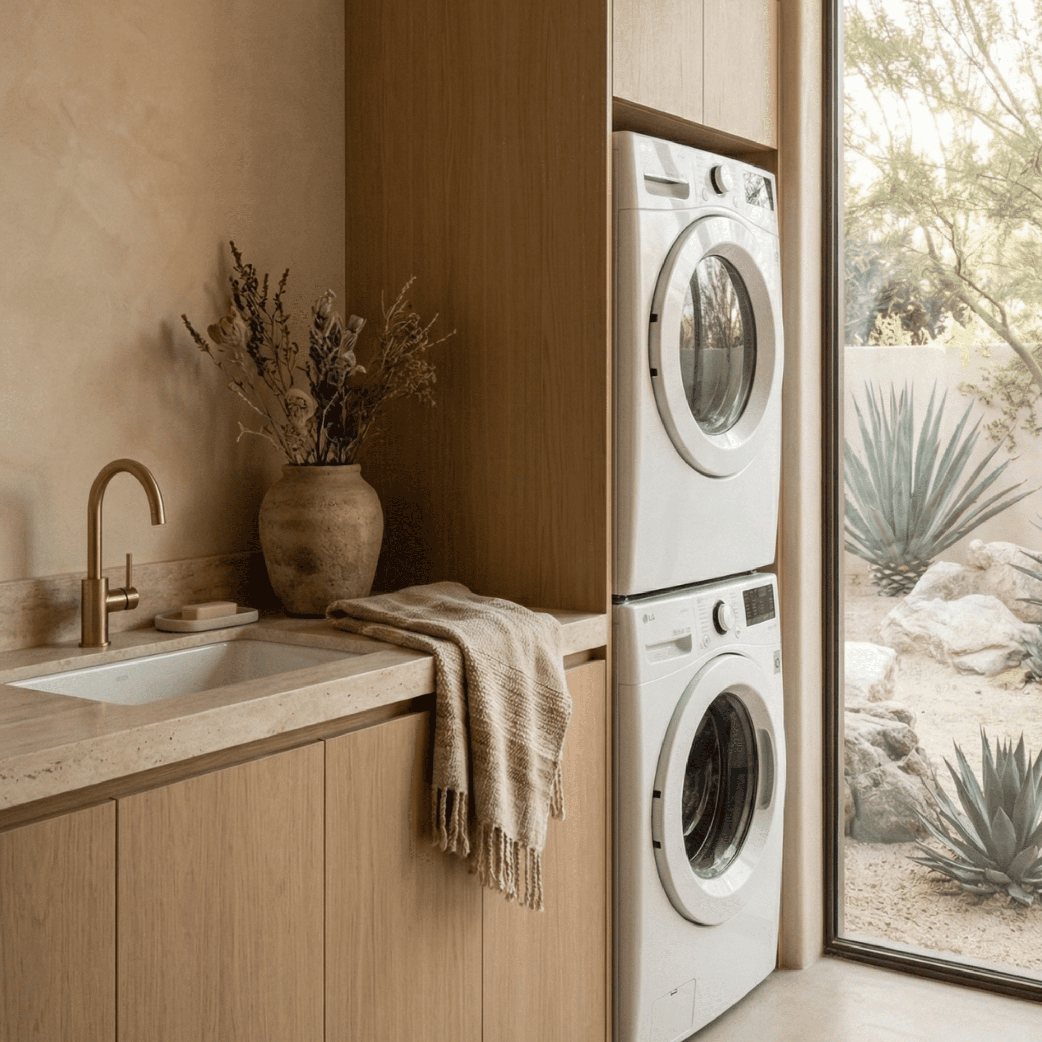Organic modern laundry space blending warm oak flat-panel cabinetry with textured earth-tone plaster walls and seamless stacked washer integration. Custom bespoke utility millwork for luxury properties in Kelowna, BC.