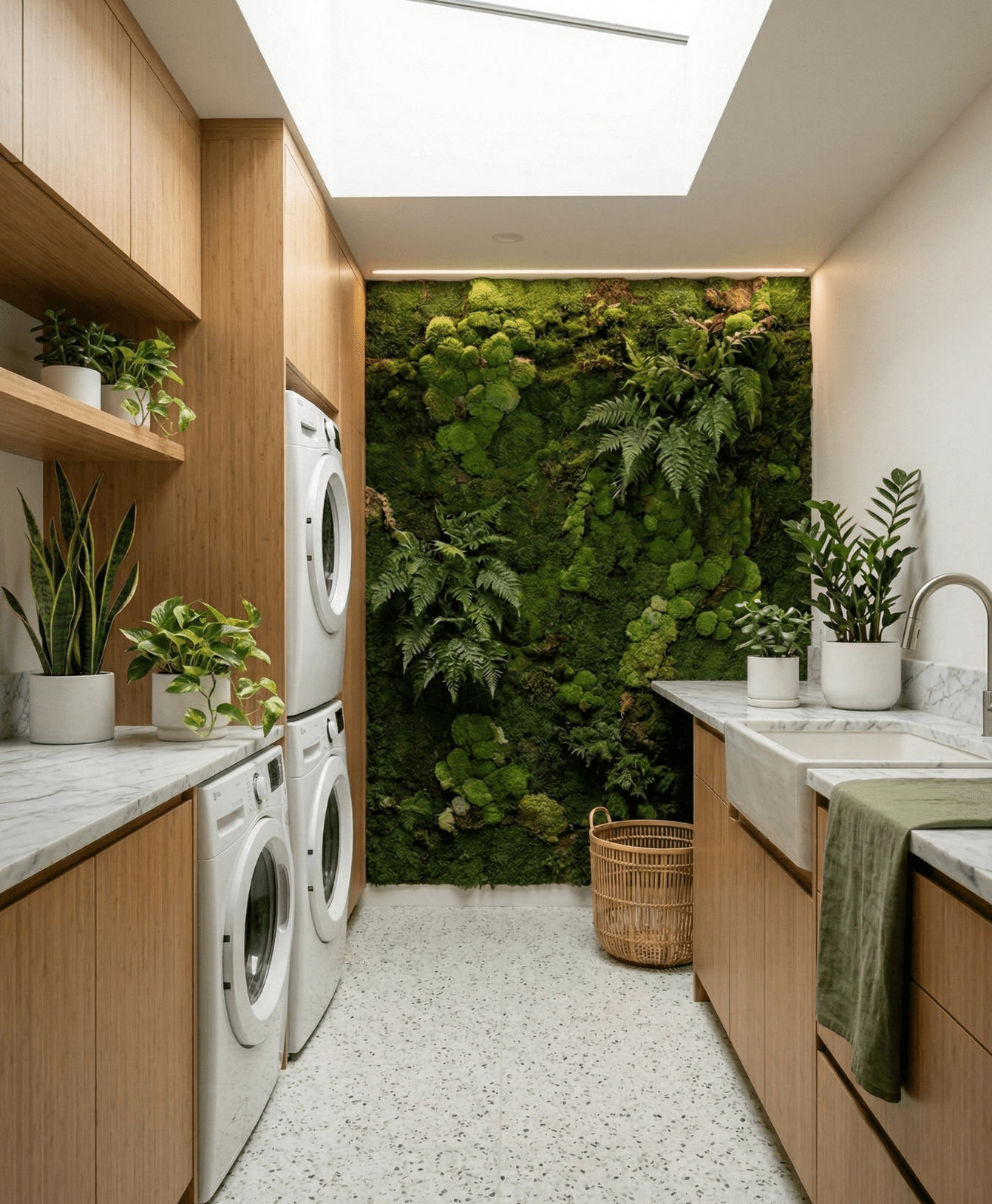 Organic modern laundry space featuring light wood cabinetry, stacked appliance integration, a farmhouse sink, and a stunning biophilic moss wall. Luxury eco-friendly millwork in West Vancouver.