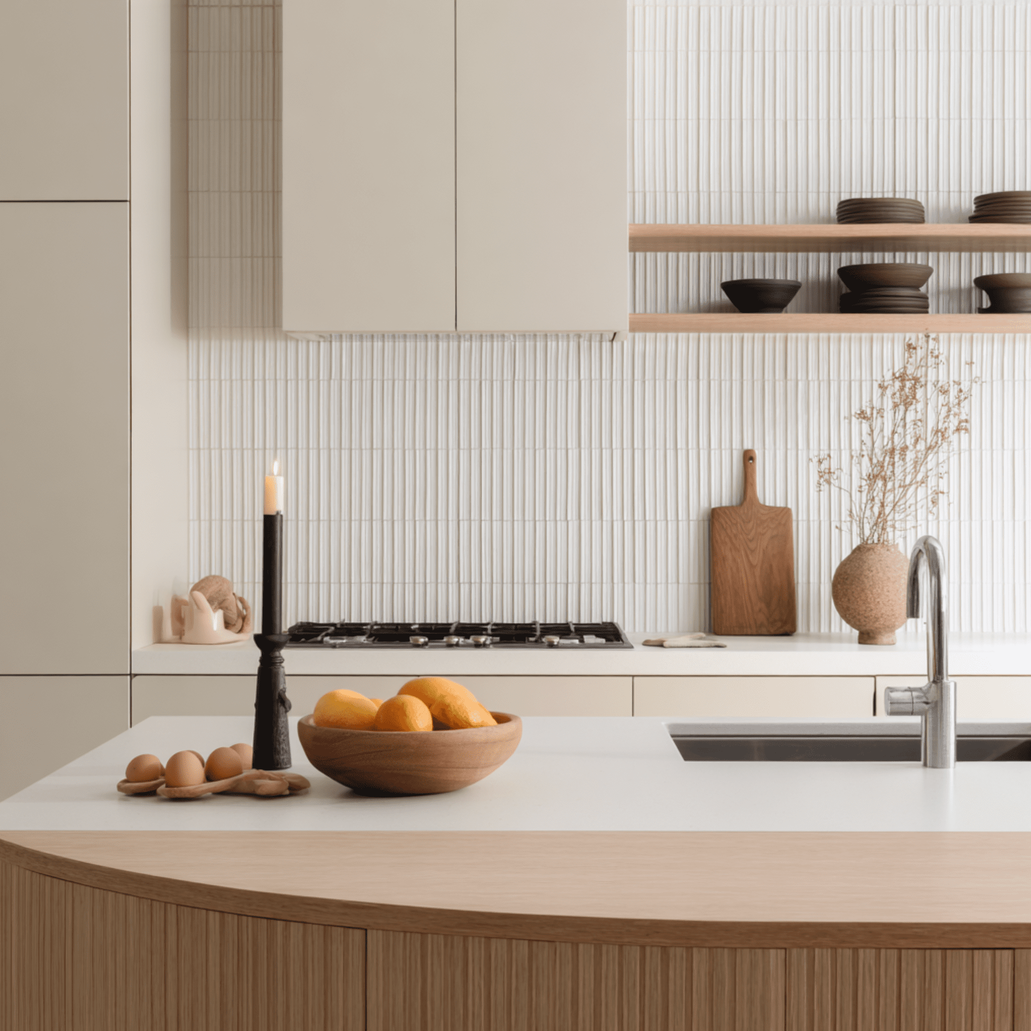 Soft organic modern kitchen design highlighting a curved fluted wood island, vertical kitkat tile backsplash, and minimalist floating shelves. Bespoke curved millwork engineered by Urban Vista Cabinets.