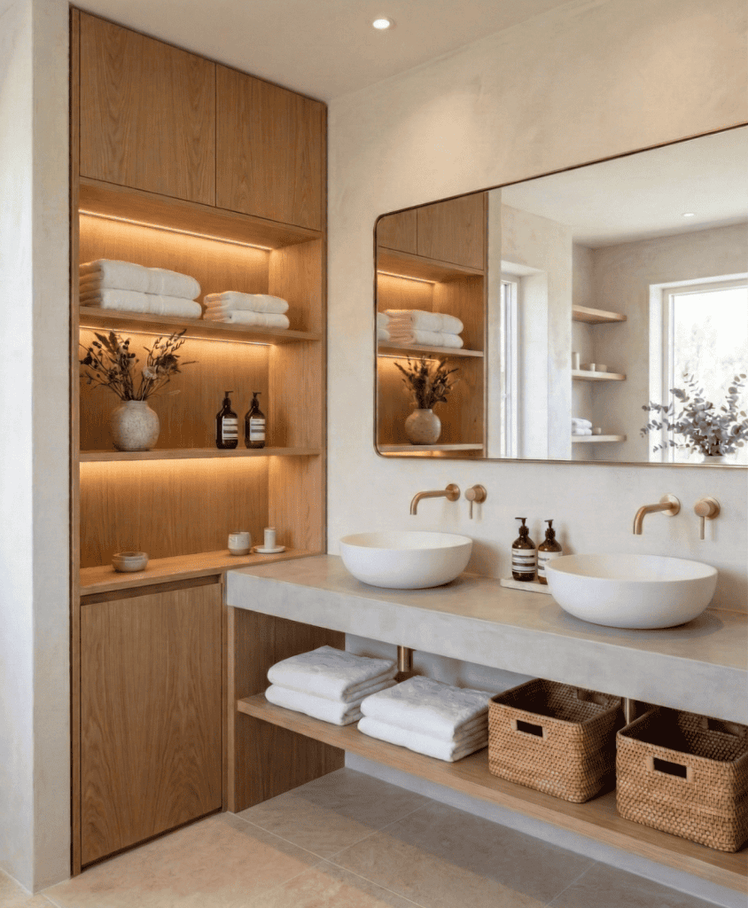 Organic modern spa-like bathroom interior featuring warm oak linen shelving with integrated LED lighting and bespoke cabinetry. High-end custom vanity architecture in West Vancouver.