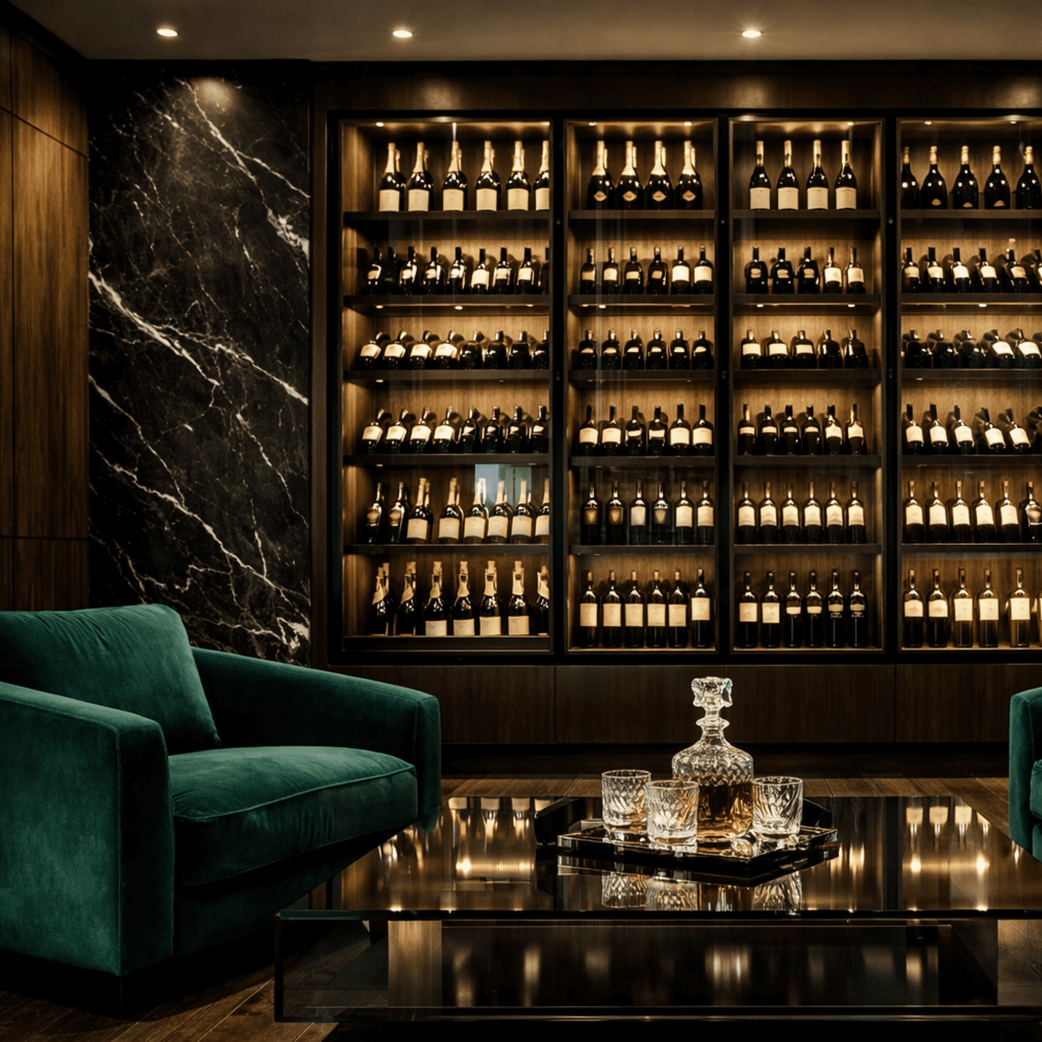 Sophisticated private tasting lounge featuring a breathtaking illuminated floor-to-ceiling wine showcase, rich dark oak millwork, and black marble accents for luxury estates in West Vancouver.