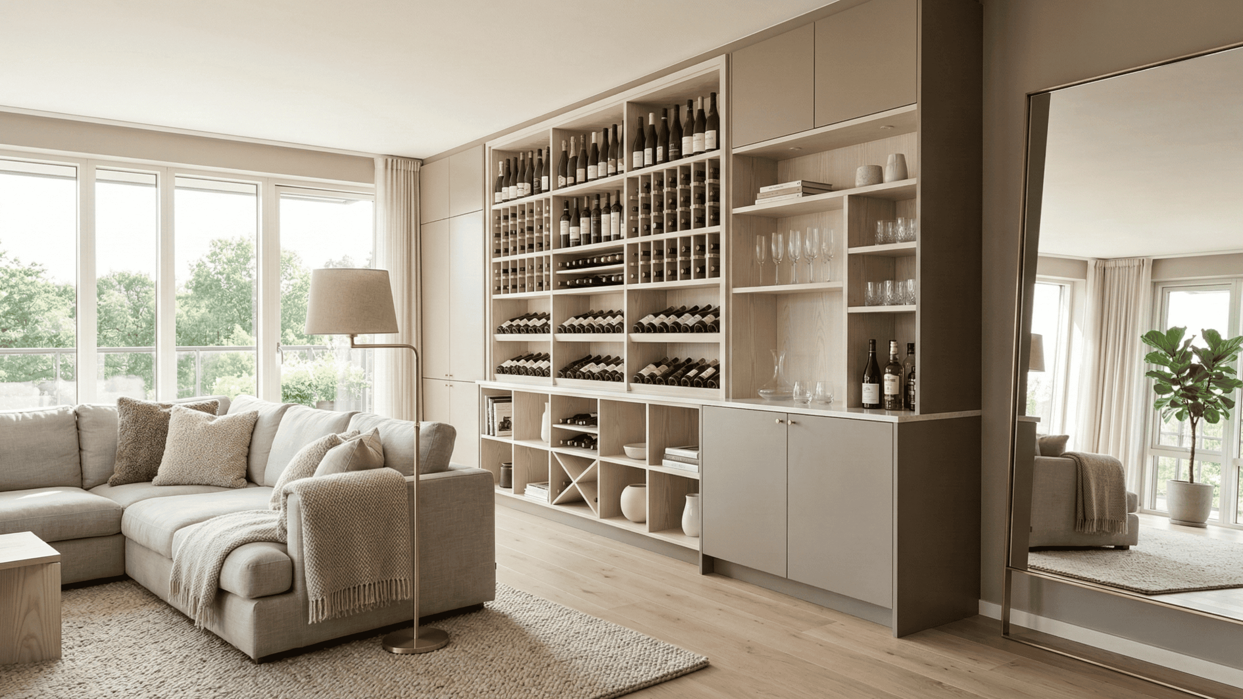 Modern bright living room featuring a seamless integrated oak wine wall and custom open shelving. Minimalist architectural cabinetry blending aesthetics and lifestyle in North Vancouver homes.