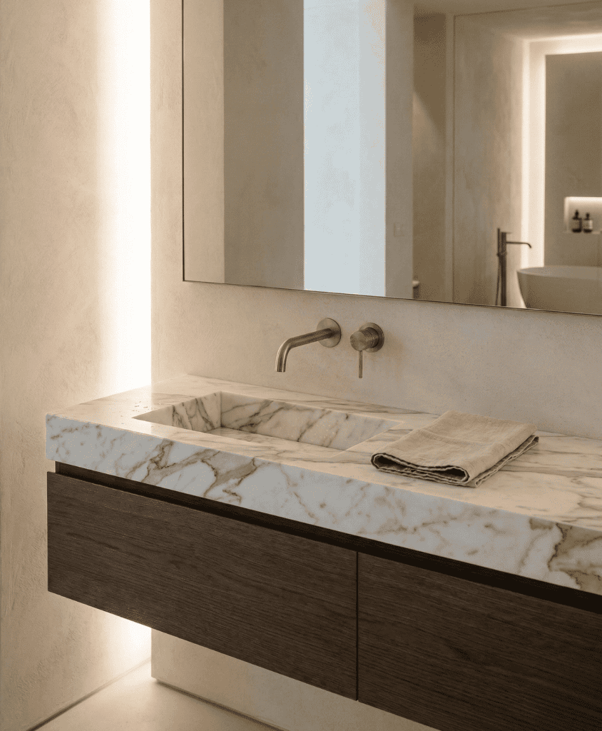 Organic modern bathroom showcasing a custom floating dark wood vanity with a seamless integrated marble sink. Architectural bespoke millwork for contemporary estates in Kelowna, BC.