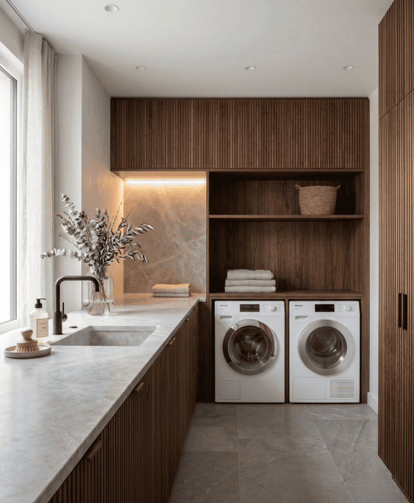 Warm contemporary laundry room featuring custom slatted walnut cabinetry, stone countertops, and seamless appliance integration. Bespoke utility room millwork designed for Vancouver homes.