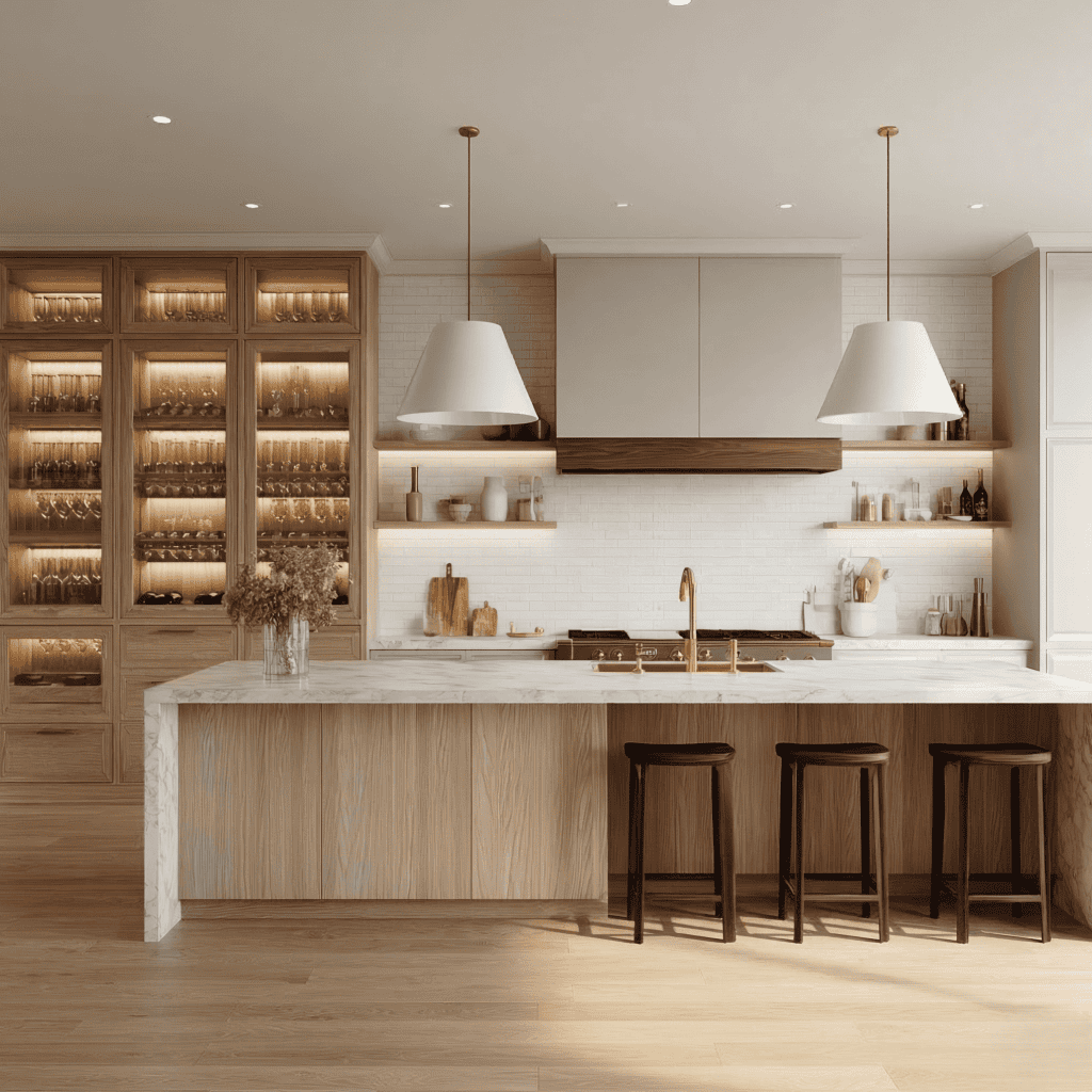 Elegant transitional kitchen showcasing custom white oak millwork, an expansive illuminated glass display pantry, and a marble center island. Sophisticated bespoke cabinetry designed by Urban Vista Cabinets for Kerrisdale luxury homes.