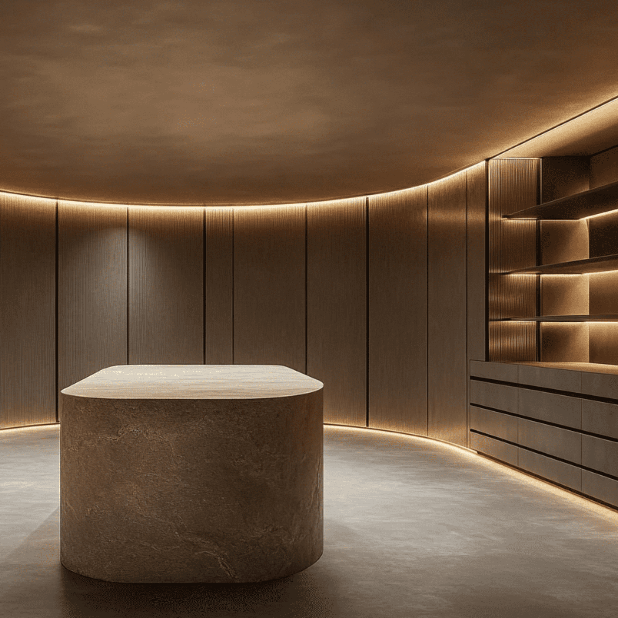 Breathtaking ultra-luxury dressing room showcasing curved fluted wood paneling, integrated ambient lighting, and a monolithic stone island. High-end bespoke closet manufacturing for West Vancouver estates.