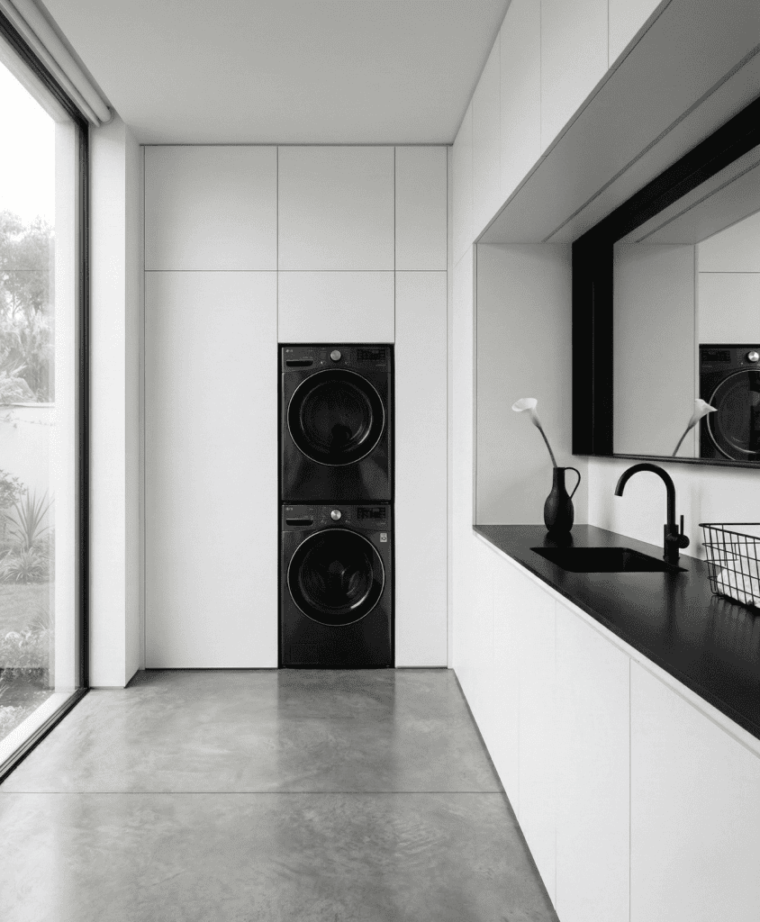 Ultra-modern black and white laundry room featuring sleek flat-panel cabinetry, a black under-mount sink, and integrated stacked appliances. Minimalist bespoke utility room millwork in Coquitlam, BC.
