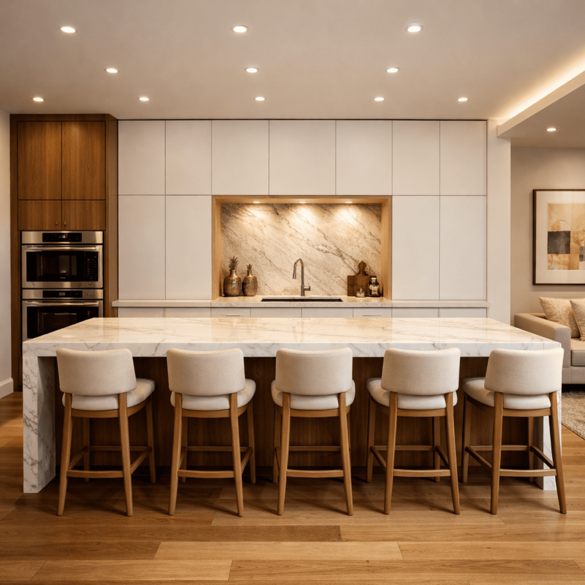 Contemporary open-concept kitchen featuring an expansive marble island, seamless white flat-panel cabinetry, and a warm wood accent cooking niche. Custom architectural millwork for luxury Burnaby residences.