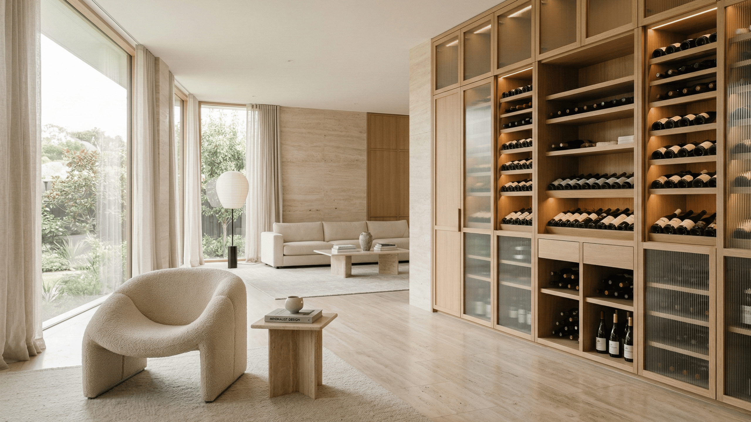 Bright living space featuring a custom warm oak wine cabinet with fluted glass doors and integrated open shelving. Seamless transitional millwork for luxury custom homes in Langley, BC.
