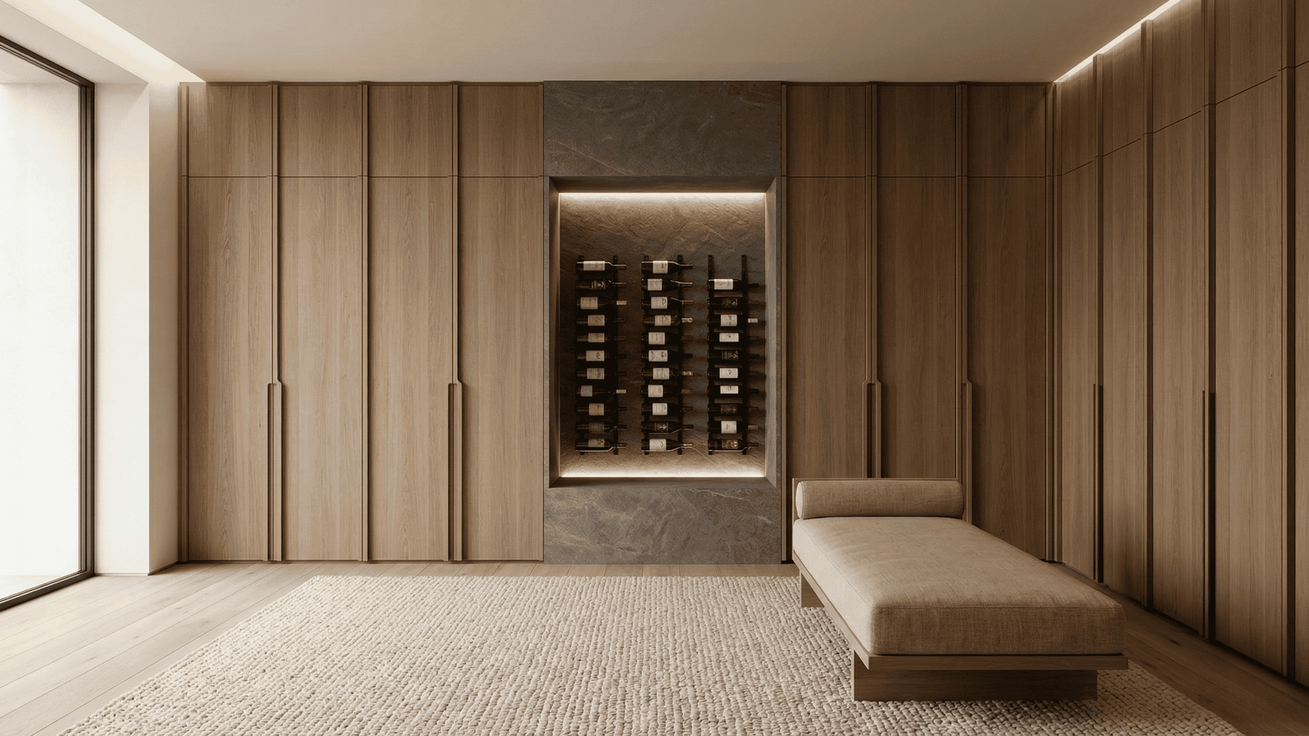 Zen-inspired architectural wall paneling seamlessly integrating a recessed stone wine niche with modern floating bottle pegs. Bespoke luxury cabinetry for Kelowna estates and wine country homes.