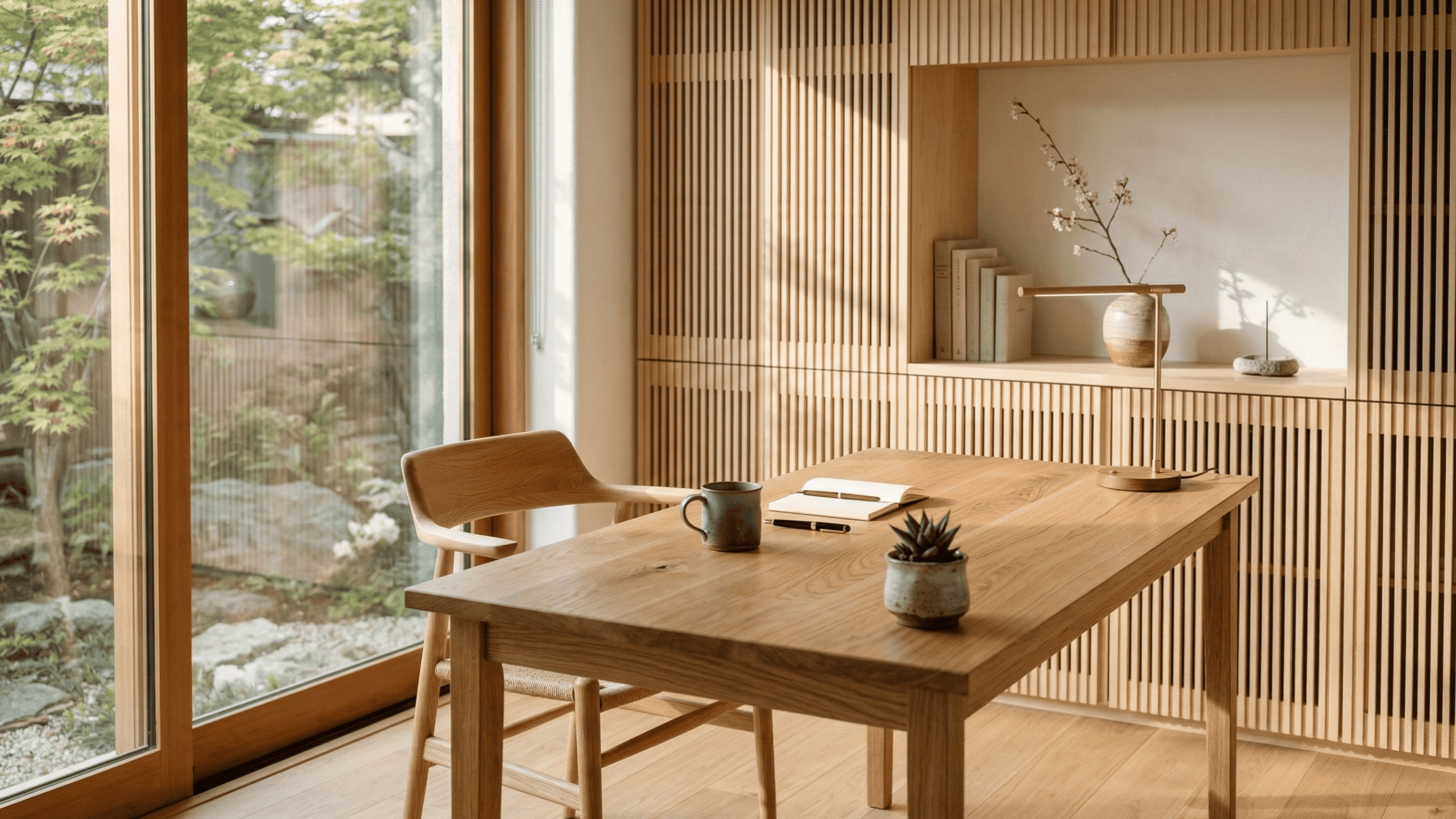 Japandi-inspired home office featuring a solid wood desk and custom slatted wood wall paneling. Serene minimalist architectural millwork designed for luxury residences in Richmond, BC.