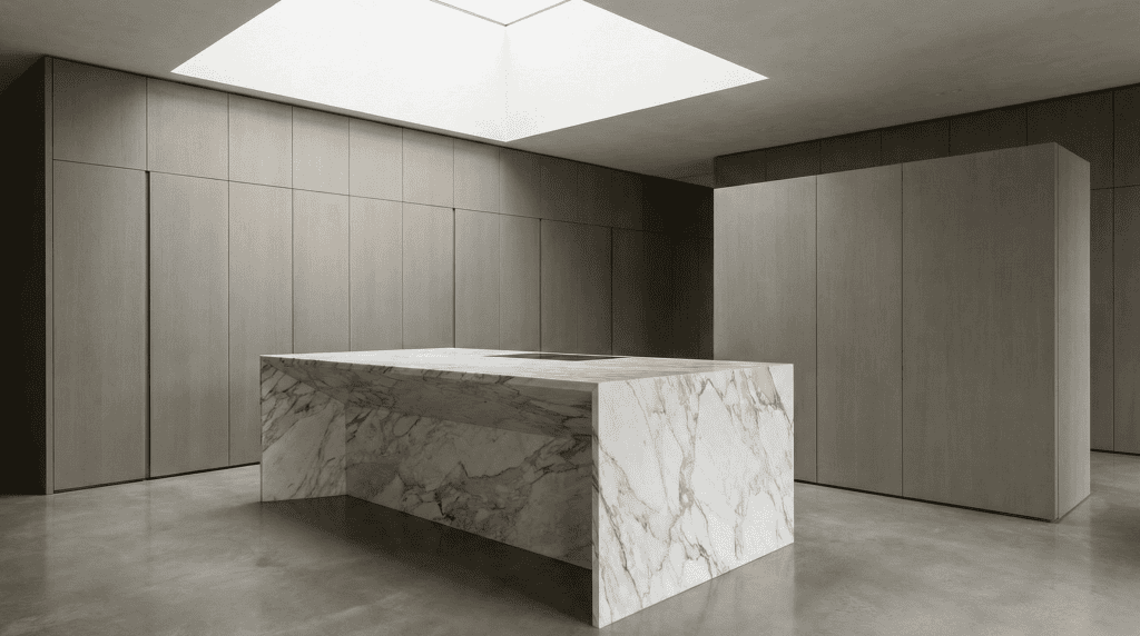 Ultra-minimalist architectural kitchen featuring seamless handleless flush-panel cabinetry, a dramatic geometric monolithic marble island, and overhead skylight illumination. High-end modern bespoke interiors in West Vancouver.