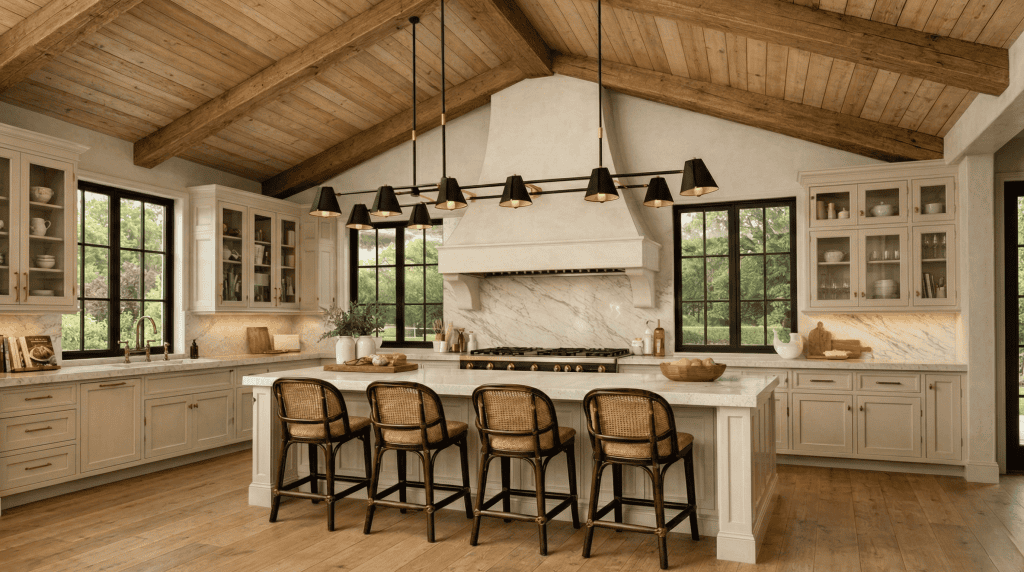 Grand French country estate kitchen featuring exposed timber trusses, a custom limestone range hood, and classic white shaker cabinetry. Expansive luxury architectural millwork engineered for Langley equestrian properties.
