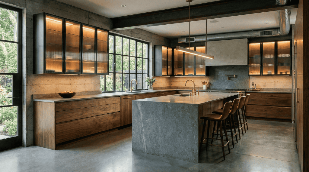 Architectural industrial chic kitchen blending raw concrete walls with warm flat-panel walnut base cabinets, custom metal-framed fluted glass uppers, and a thick stone island. High-end modern loft millwork in Vancouver.