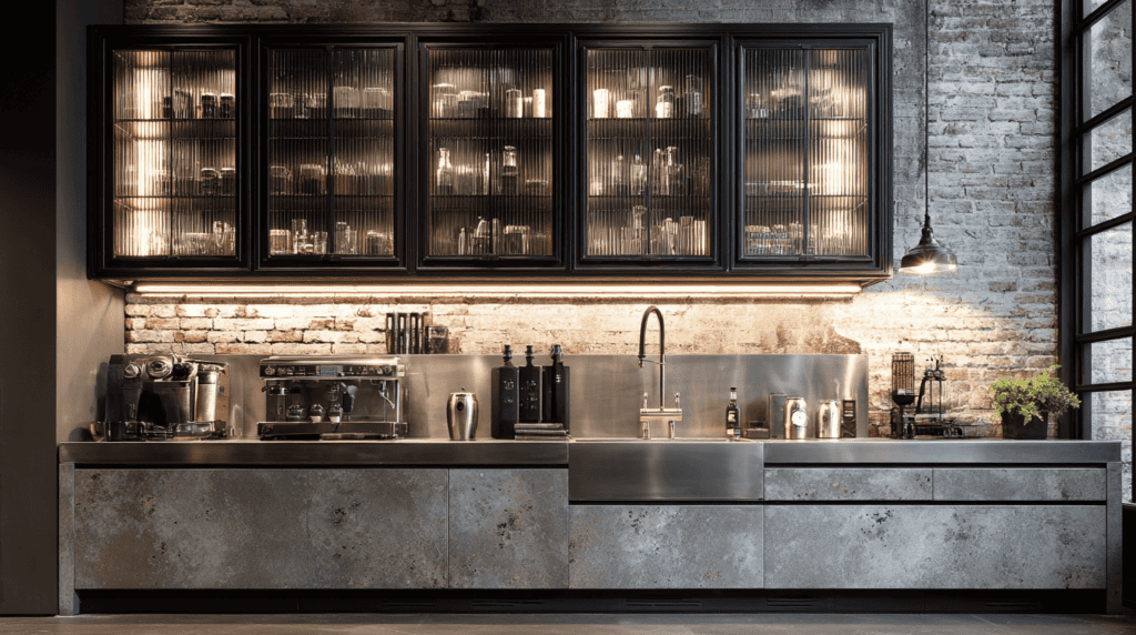 Edgy industrial loft kitchen showcasing patina metal base cabinets, illuminated ribbed glass uppers with black framing, and a stainless steel apron sink against exposed brick. Custom architectural loft millwork in Vancouver.