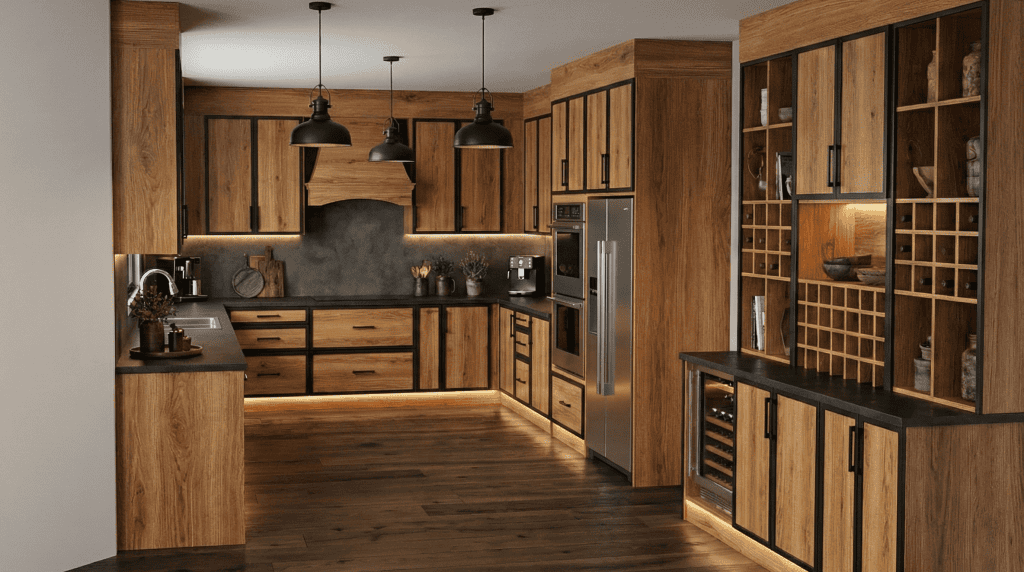 Luxury industrial modern kitchen featuring rustic oak millwork with custom black metal banding, dark stone countertops, and an integrated open wine display. Bespoke loft cabinetry in Yaletown, Vancouver.