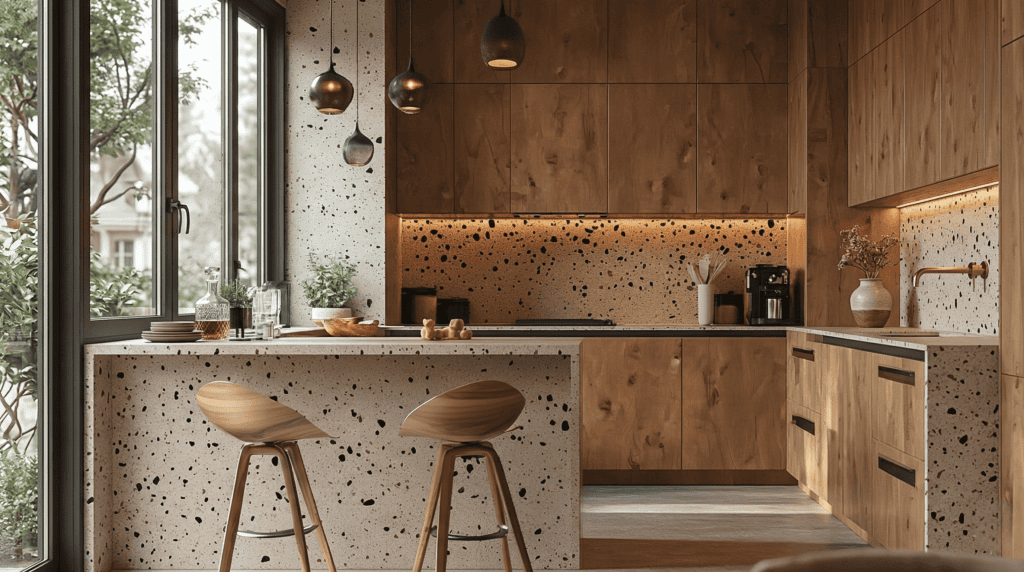 Vibrant mid-century modern revival kitchen featuring flat-panel wood cabinetry, a striking terrazzo waterfall peninsula, and matching full-height backsplash. Bespoke retro-chic millwork in Kitsilano, Vancouver.