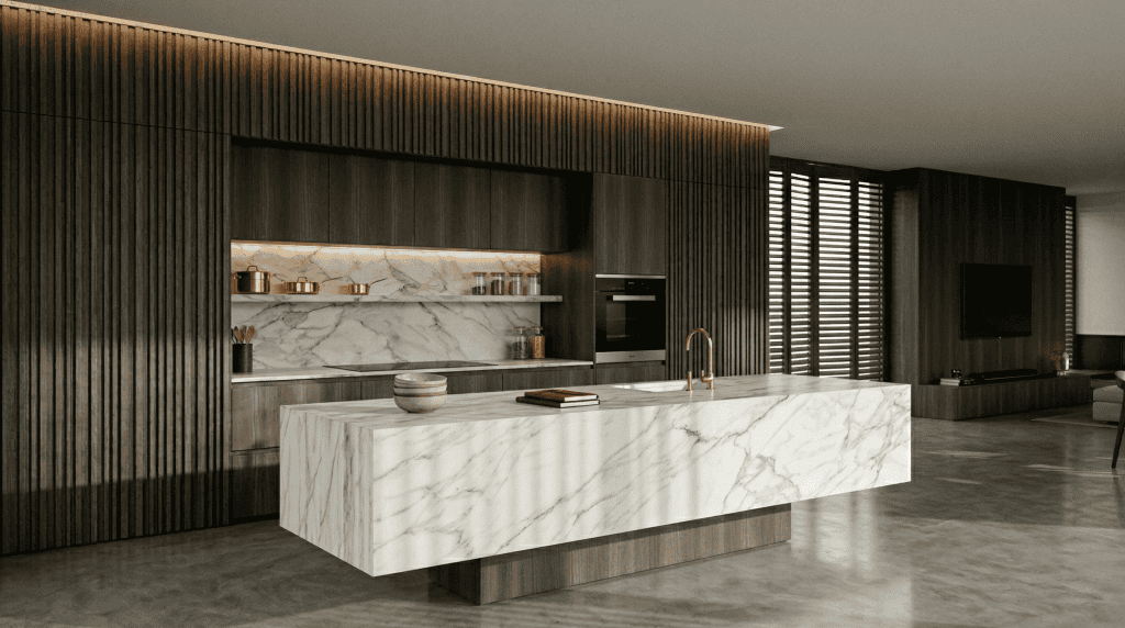 Sophisticated modern luxury kitchen cabinets Burnaby featuring floor-to-ceiling dark slatted wood millwork and a cantilevered marble island.