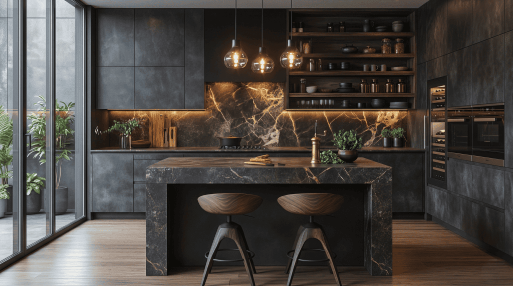 Dramatic moody contemporary kitchen showcasing textured charcoal millwork, a spectacular gold-veined marble waterfall island, and matching full-height backsplash. Elite bespoke cabinetry engineered by Urban Vista Cabinets.