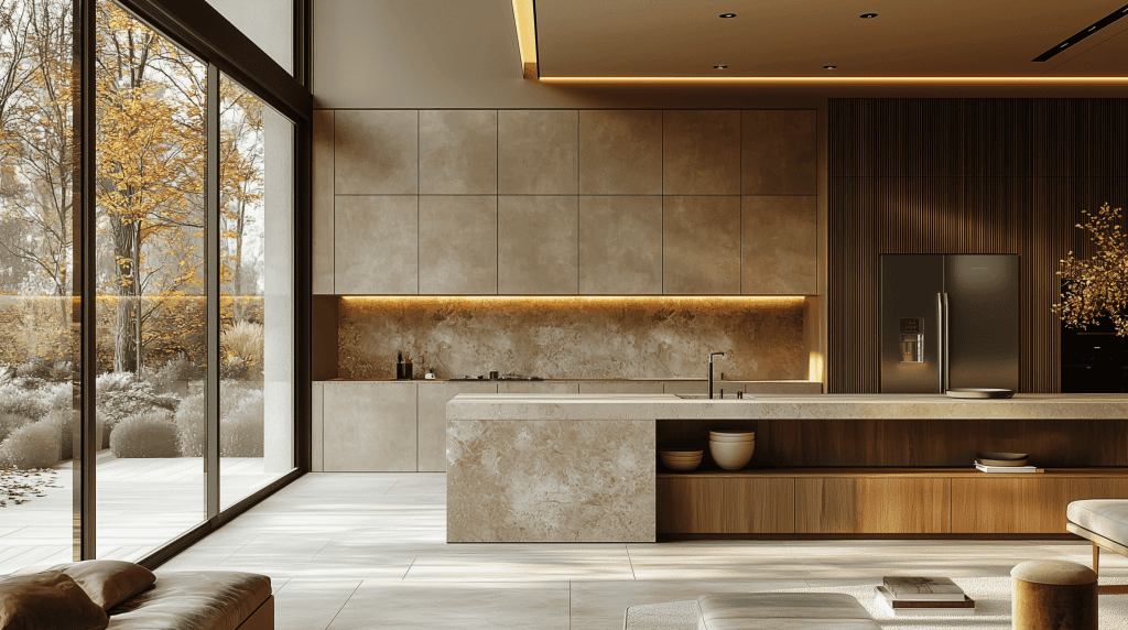 Ultra-luxury organic modern kitchen featuring a monolithic travertine island, seamless flush-panel millwork, and architectural linear lighting. Custom contemporary cabinetry designed for West Vancouver estates.