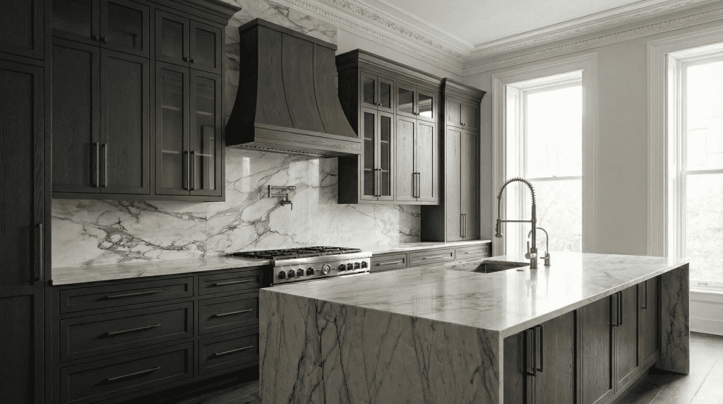 Elegant transitional kitchen featuring charcoal shaker cabinetry, a custom flared wood range hood, classic crown molding, and a luxurious marble island. Bespoke heritage millwork designed for South Granville estates.