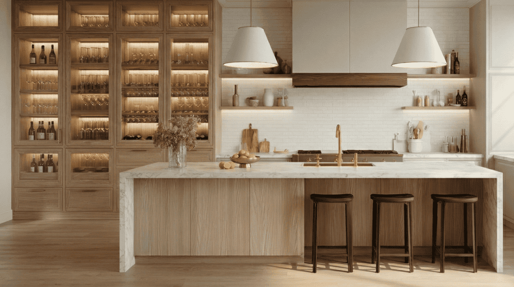 Elegant transitional kitchen showcasing custom white oak millwork, an expansive illuminated glass display pantry, and a marble center island. Sophisticated bespoke cabinetry designed by Urban Vista Cabinets for Kerrisdale luxury homes.