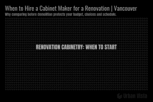 Guide outlining the three timing windows to hire a custom cabinet maker for a home renovation in Greater Vancouver, emphasizing pre-demolition planning.
